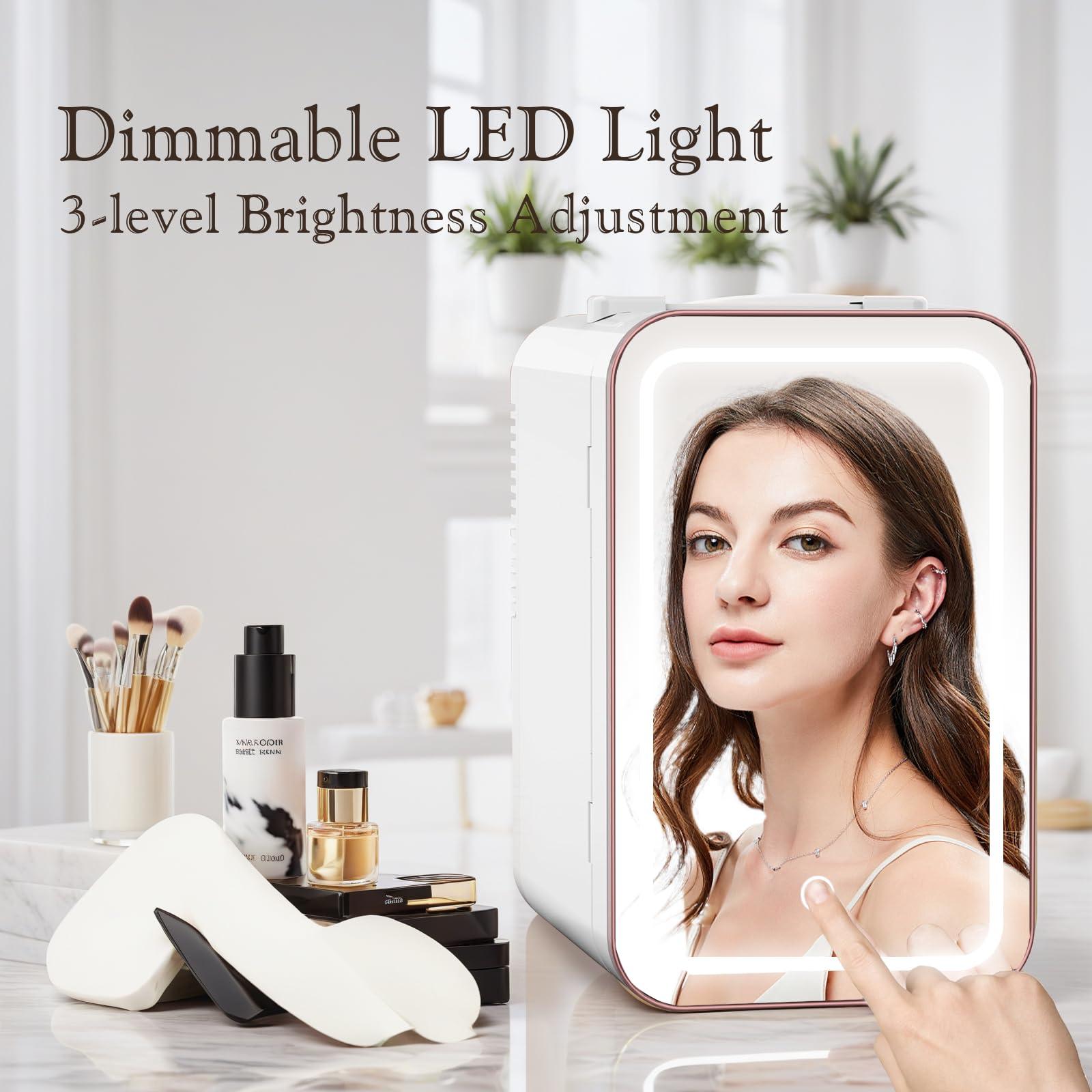 YLFU Skincare Fridge, 6L/10 Can Mini Fridge for Bedroom with Dimmable LED Mirror, Portable Cooler & Warmer Small Compact Refrigerator for Skincare, Cosmetics, Bedroom and Office, White - Image 3