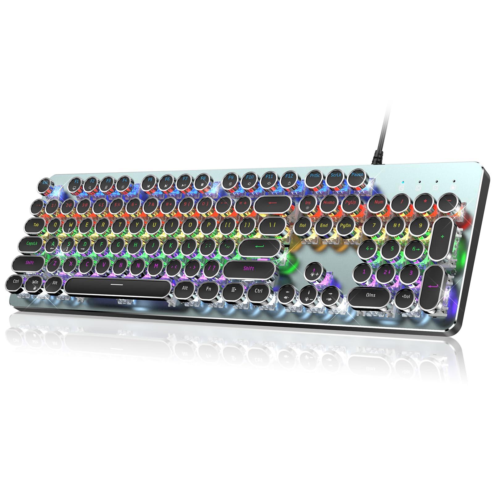 RisoPhy Typewriter Style Mechanical Gaming Keyboard, Metal Panel, Retro Punk Round Keycaps, Clicky Blue Switch, Rainbow LED Backlit, 104 Keys Wired Keyboard, Round Keycaps for PC Laptop Mac Gamer