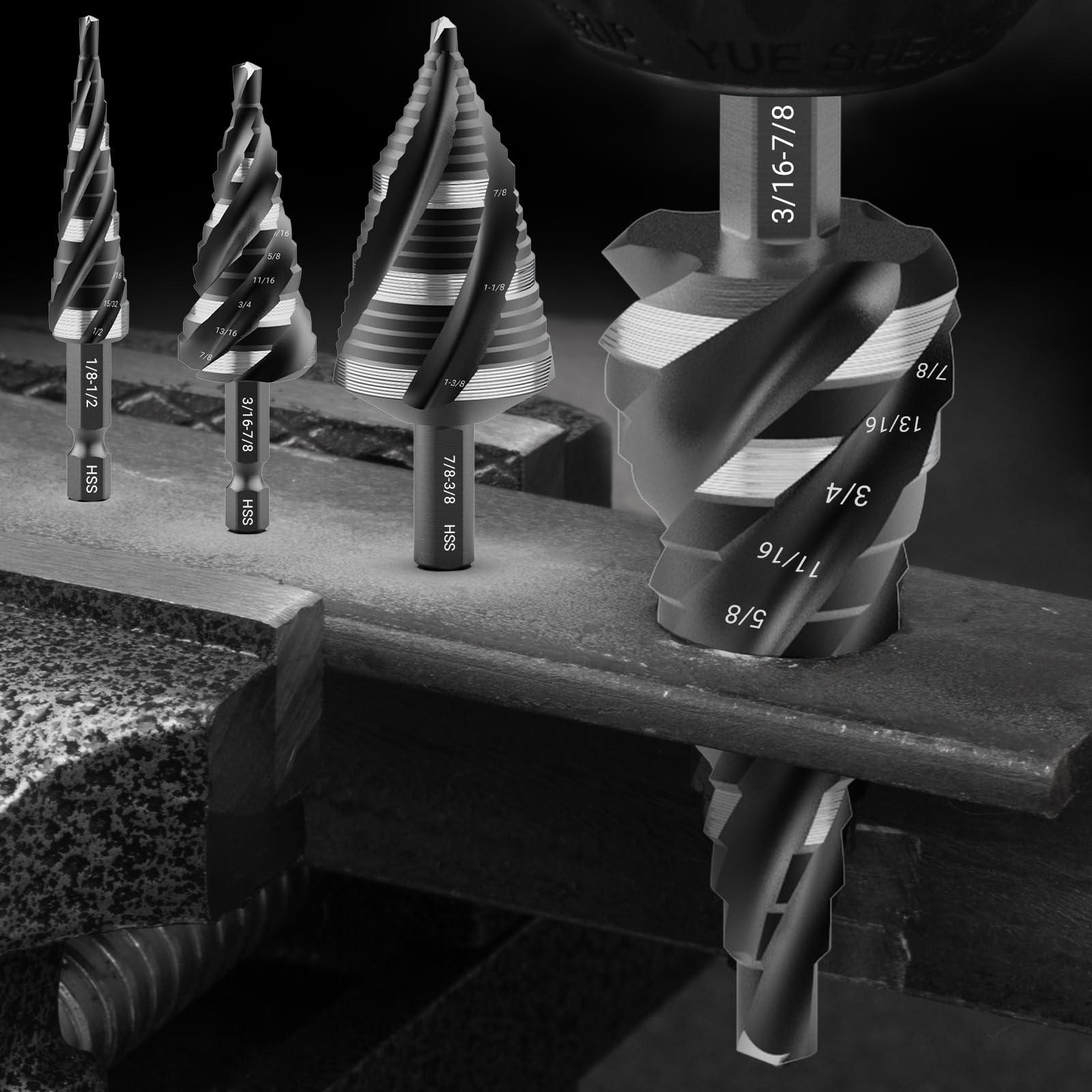 MABLEVI 5 Pcs Four Spiral Flute Step Drill Bit Set, 1/8"-1-3/8" HSS Unibit Step Drill Bit, 1/4" and 3/8" Shank Step Bit for Metal, Stainless Steel, Aluminum, Wood, Plastic - Image 8