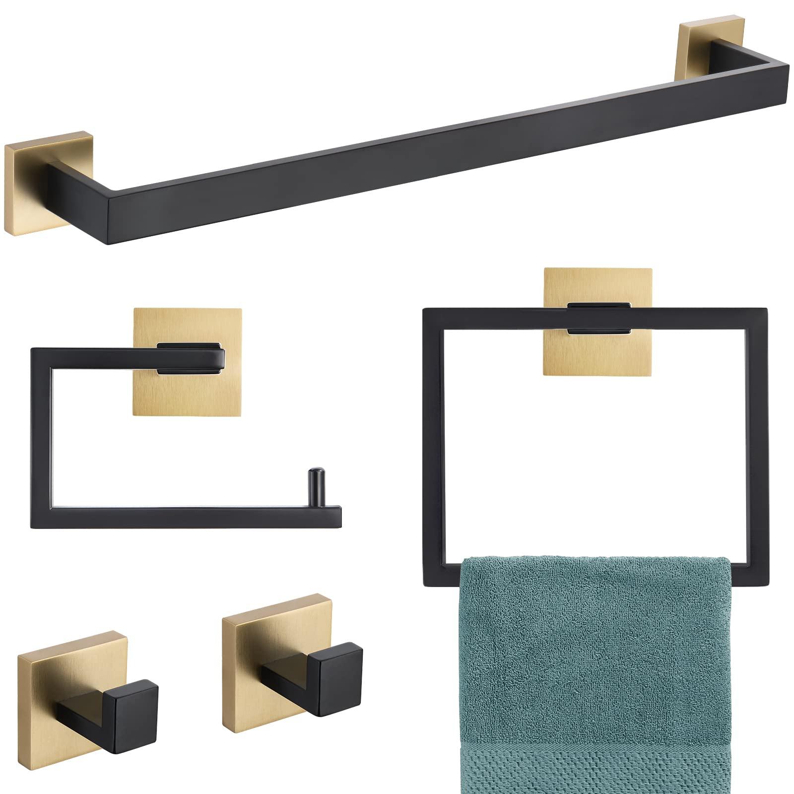 YACVCL 5 Pieces Bathroom Hardware Set, Black and Gold Towel Bar Set, 23.6 inch Towel Bar Hand Towel Holder Wall Mounted Stainless Steel