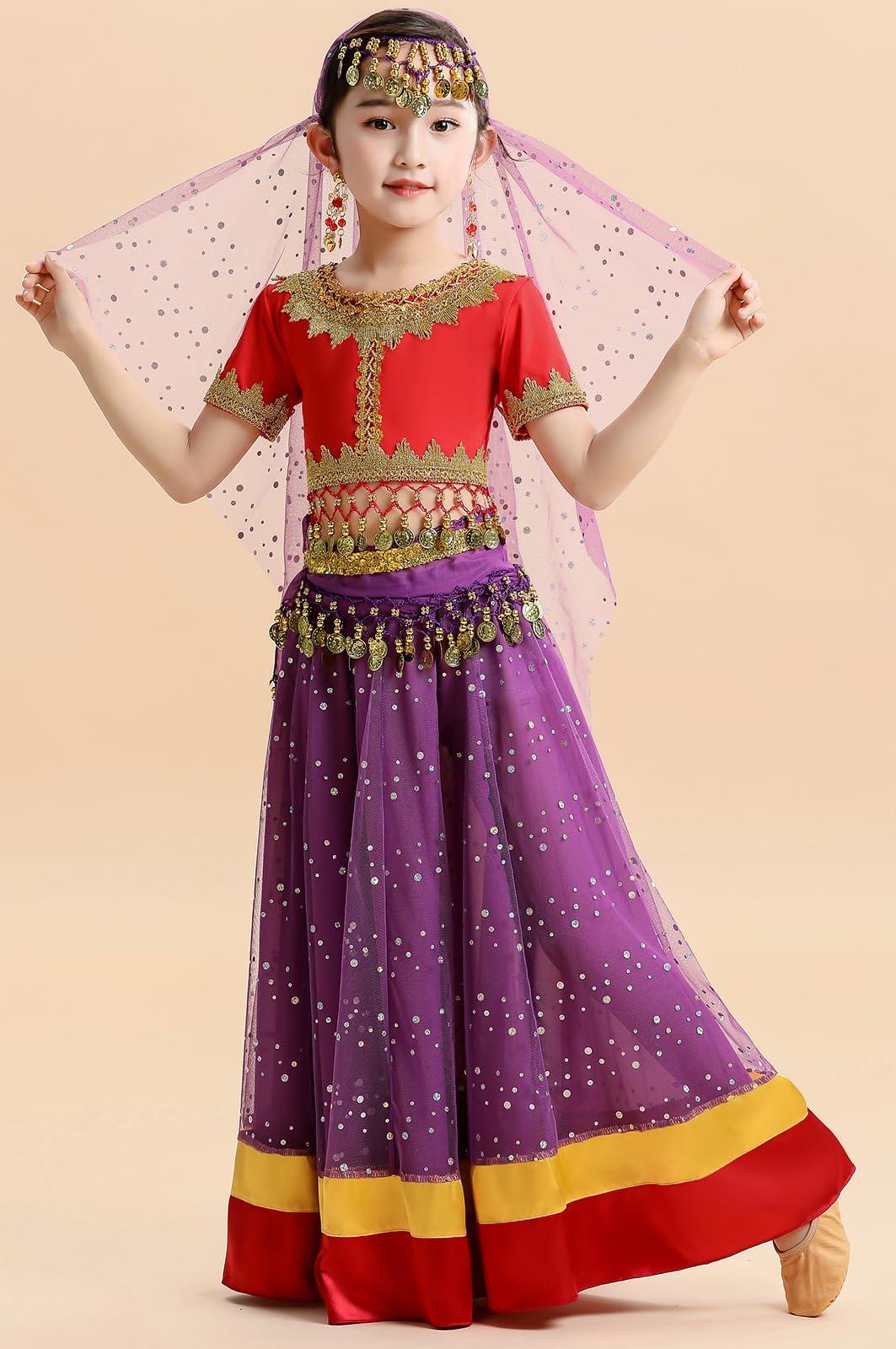 ORIDOOR Belly Dance Dress Girls Indian Bollywood Halloween Costume Chiffon Skirts Shiny Belly Dance Suits 4-Piece Outfit - Image 4