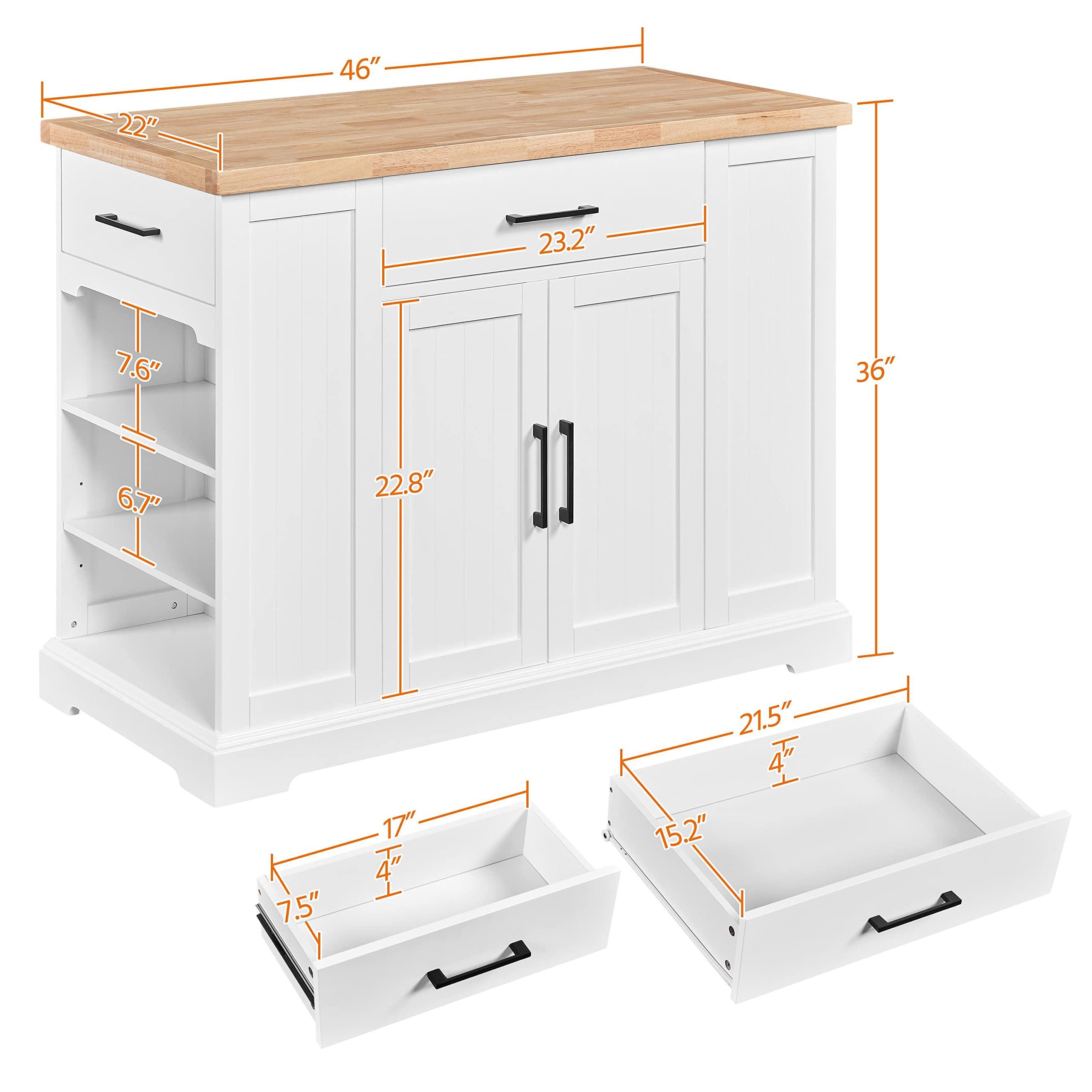 Yaheetech Rolling Kitchen Island Cart with 3 Drawers, Kitchen Storage Cabinet on Wheels with Open Shelves and Inner Adjustable Shelves for Dining Room/Living Room, Thicker Rubberwood Top, White - Image 3