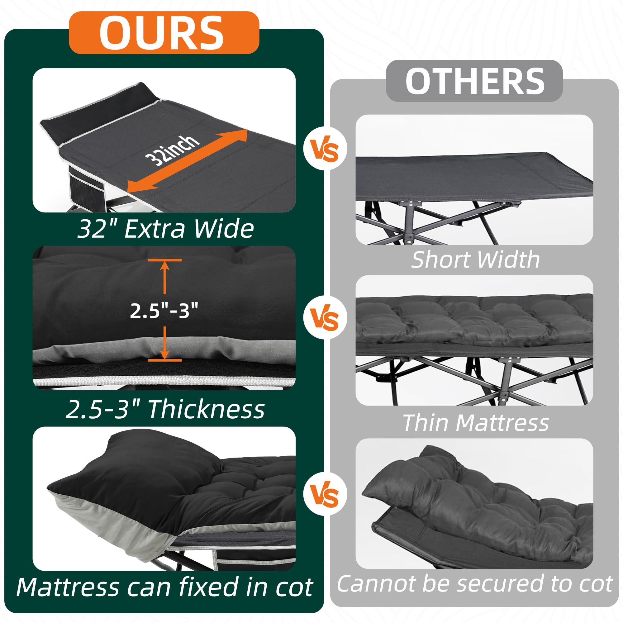 Fragess Portable Camping Cot, 32" Extra Wide Camping Cots for Adults with Thick Mattress, Heavy Duty Sleeping Cot Holds Up to 600LBS, Cots for Sleeping, Rv, Beach, Patio, Office Naps(Black) - Image 3
