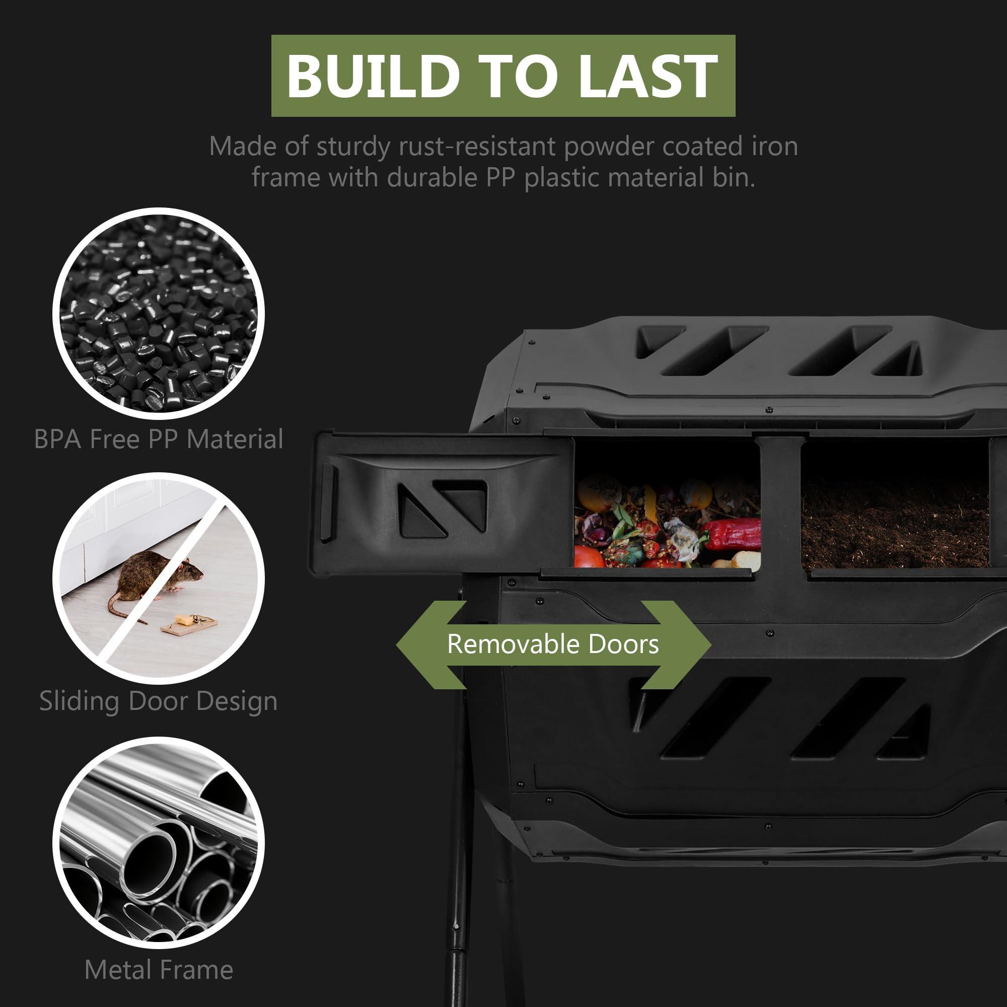 SUPER DEAL Outdoor Compost Tumbler 43 Gallon Dual Chamber Large Compost Bin 360° Rotating Tumbling Composter BPA Free for Garden Yard, Black - Image 5