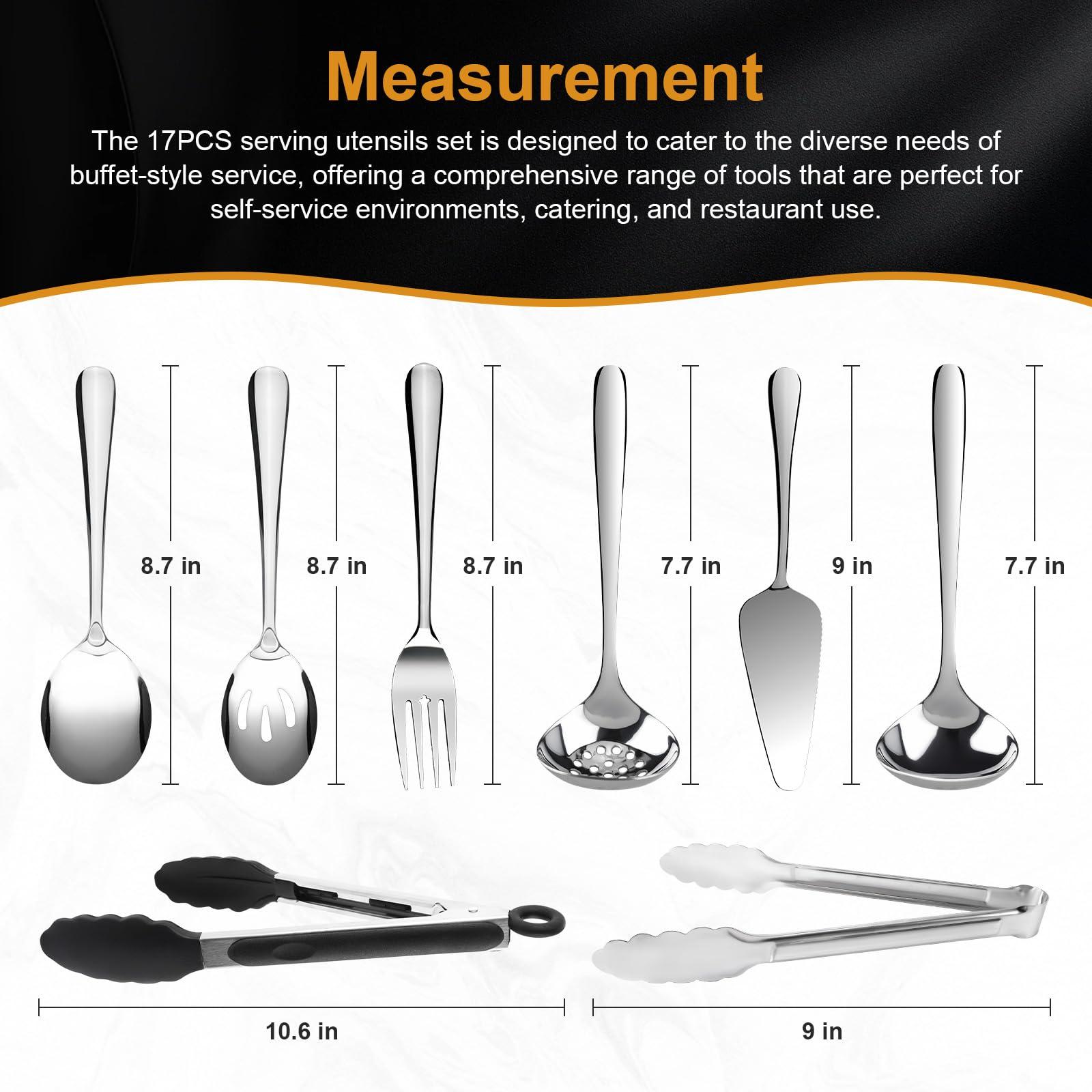 17PCS Serving Utensils Set Flatware, Stainless Steel Serveware Large Serving Spoons, Slotted Spoons, Forks, Tongs, Cake Server,Soup and Skimmer Spoon for Buffet, Catering, Party, Dinner (Silver) - Image 3