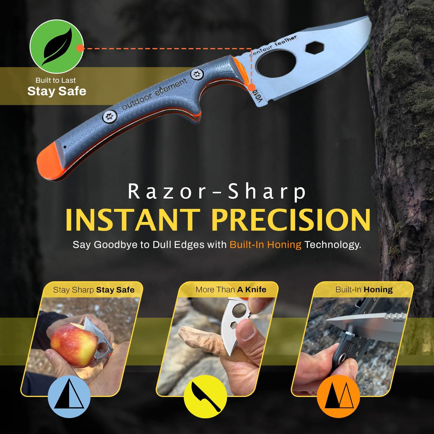 OUTDOOR ELEMENT Contour Feather Adventure Survival Knife - Fixed Blade, Hunting, Camping Knife with Fire Starter, Sharpener, Whistle, Hex Driver, Sheath - Full Tang, VG10 Steel, Belt Clip - Image 7