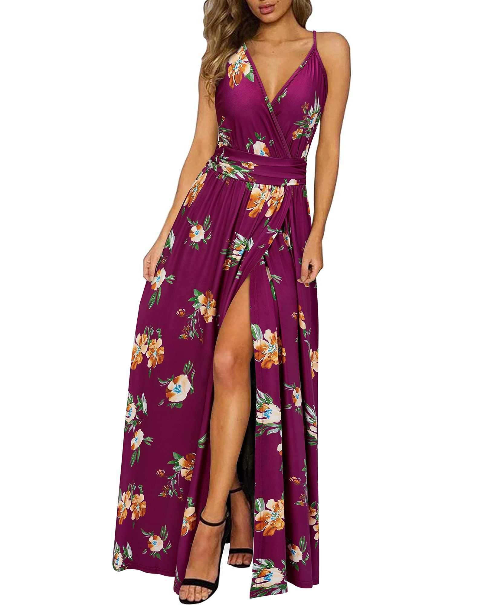 Newshows Women Summer 2025 Maxi Dress Vacation Floral Spaghetti Strap Spring Casual Boho Split Beach Long Flowy Sundress