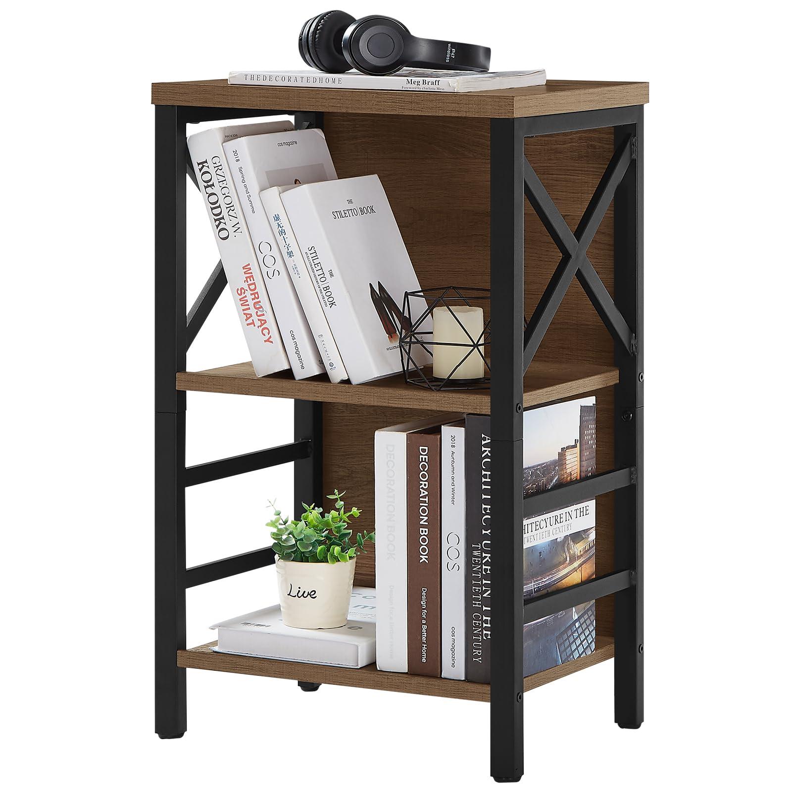 MNEETRUNG Small Bookcase,3 Tier Industrial Bookshelf with Metal Frame and Backboard,Low Rustic Brown Book Shelf,Book case for Small Spaces,Living Room,Bedroom and Home Office