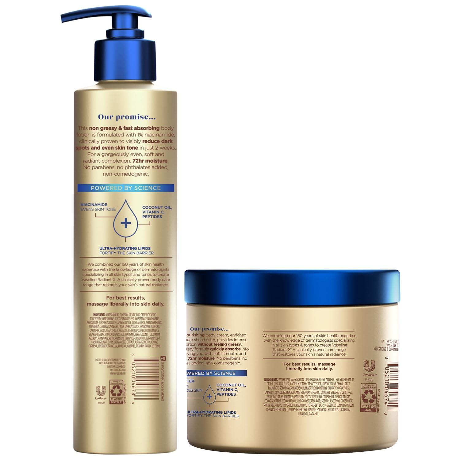 Vaseline Radiant X Skin Care Set – Even Tone Nourishing Body Lotion with 1% Niacinamide + Deep Nourishment Body Cream with Shea Butter & Vitamin C (2 Piece Set) - Image 2