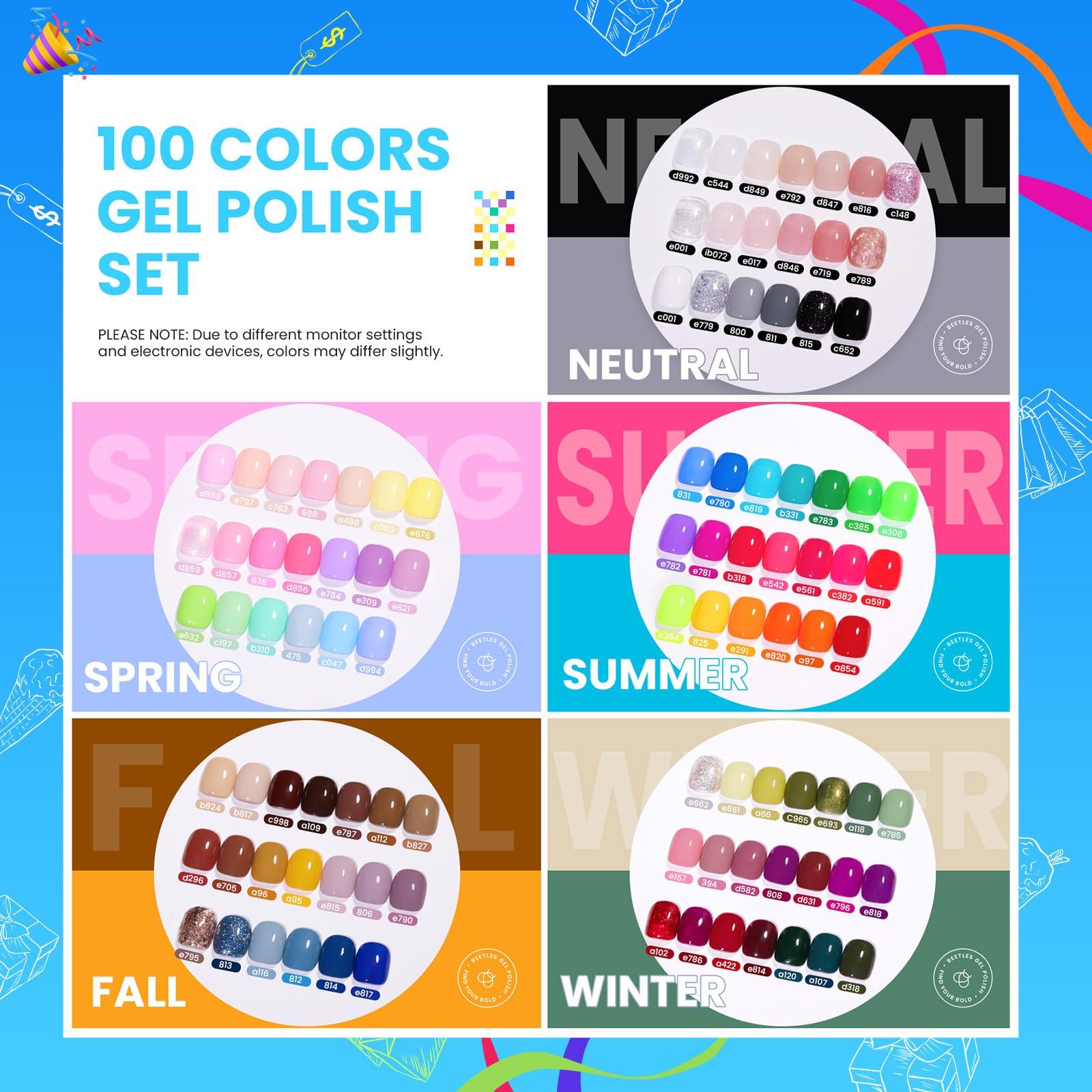 Beetles 110 PCS Gel Nail Polish Set, 100 Colors Infinite Inspiration All Season Red Brown Green Black Gel Polish with 5Pcs Base Top Coat Soak off UV Gel for Manicure Lovers DIY at Home Gifts for Women - Image 2