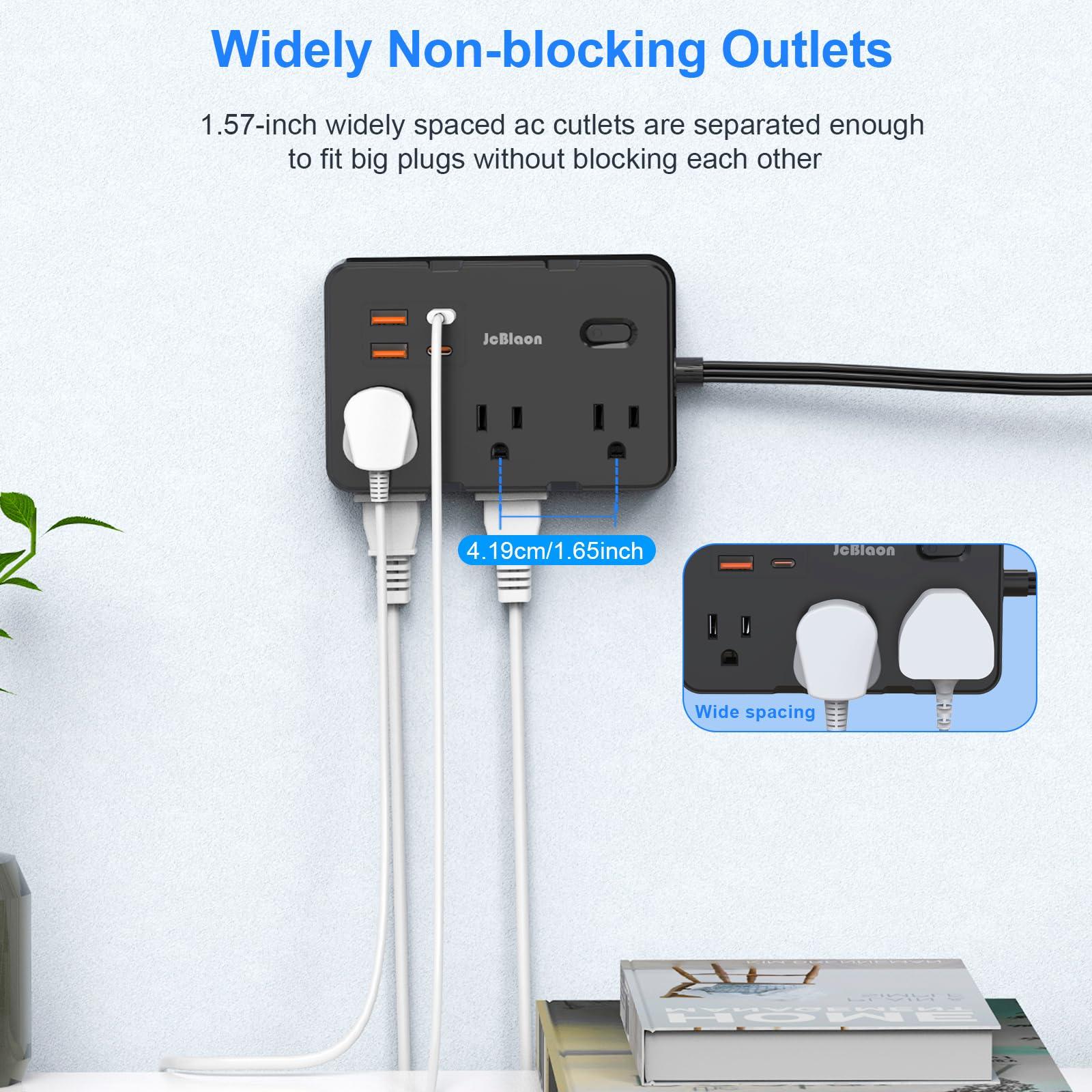 Flat Plug Power Strip Surge Protector, 5ft Ultra Thin Extension Cord with 4 USB Wall Charger(2 USB C Port), 6 Widely-Spaced Outlets Power Strip Compact for Travel, Office, Dorm Room Essentials (Black) - Image 6