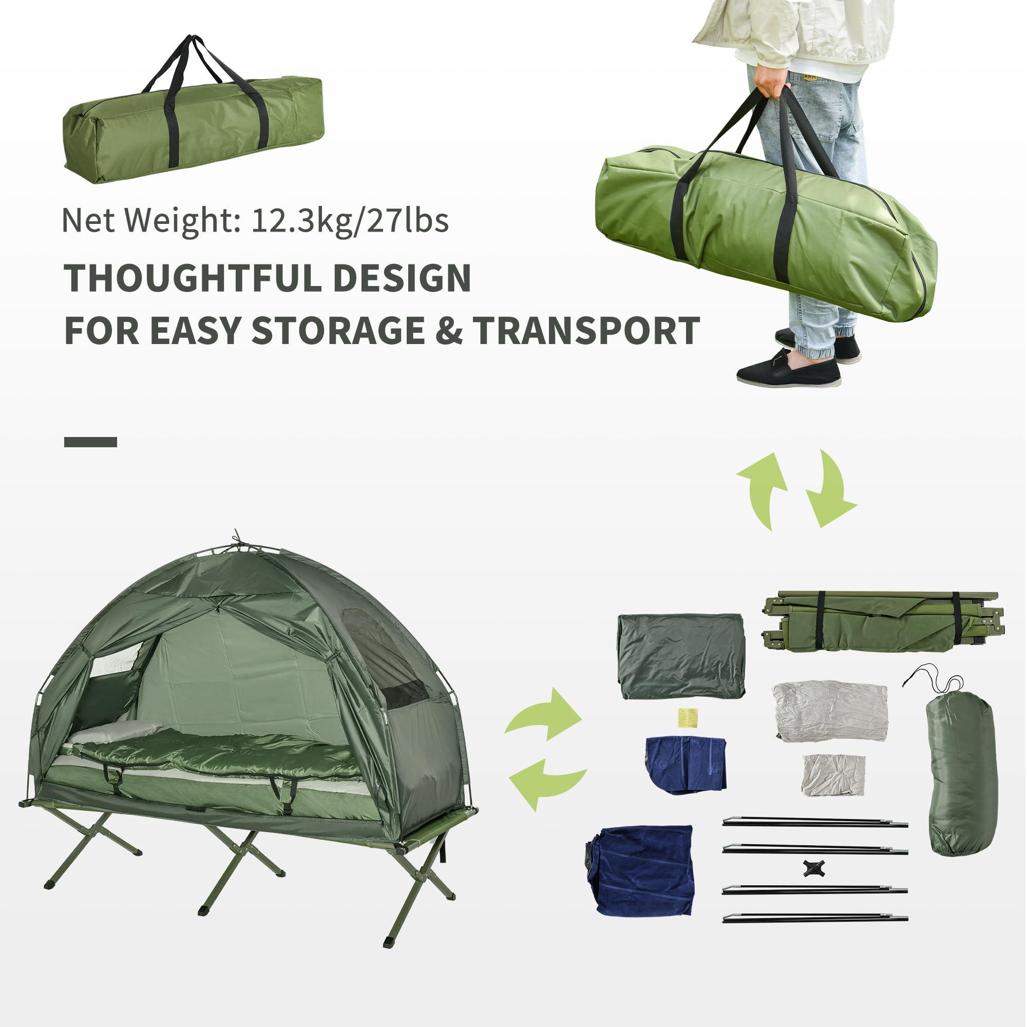 Outsunny Multifunctional Folding Camping Cots for Adults, Elevated Tent with Sleeping Bag, Thick Air Mattress Pad, Portable Single Sleeping Cot Camping Bed - Image 5