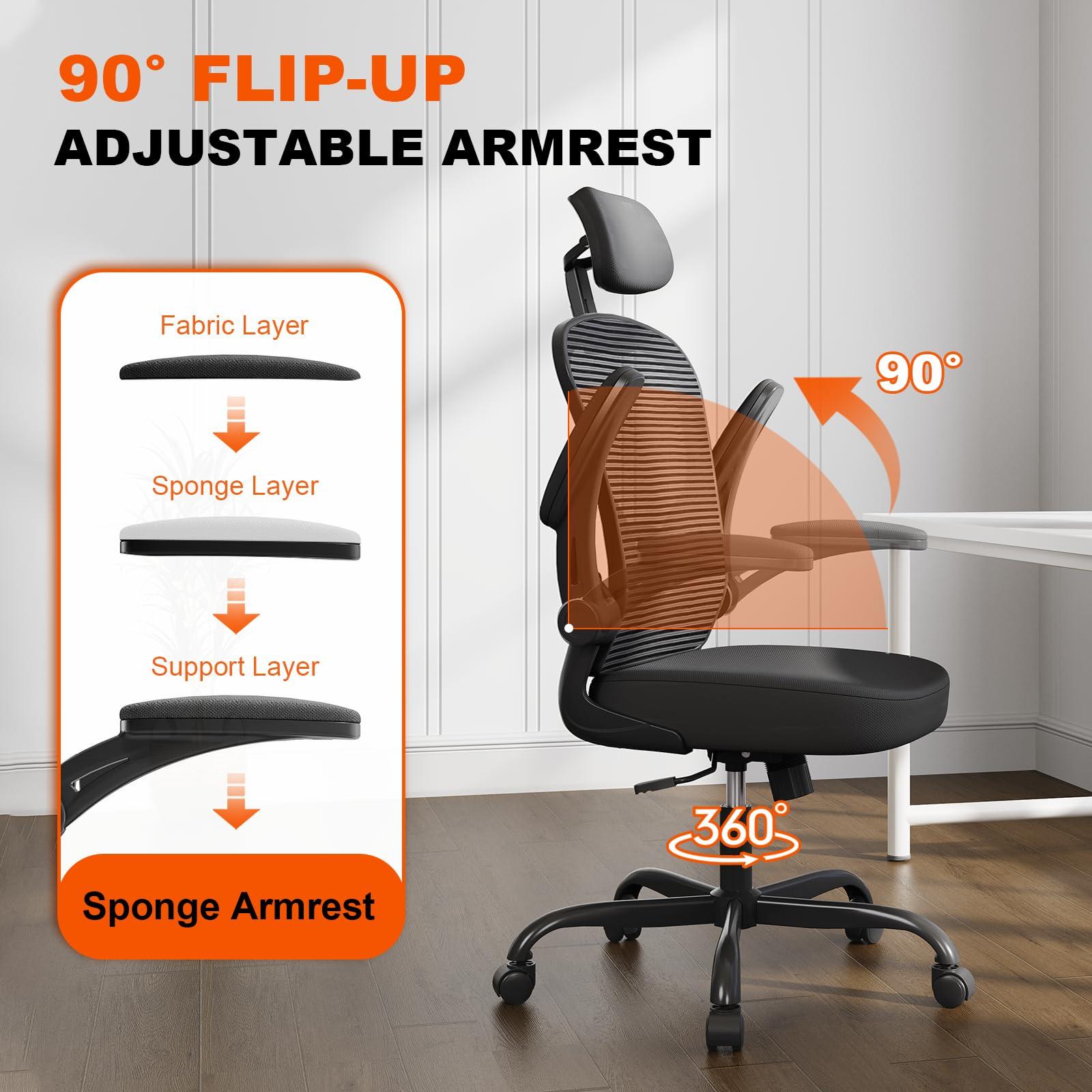 Office Chair Ergonomic Desk Chair, 330LBS Capacity, High Back Computer Chair for Long Hours Comfortable, Rolling Swivel Executive Task Chair for Home Office with Flip-up Armrests, Black - Image 8