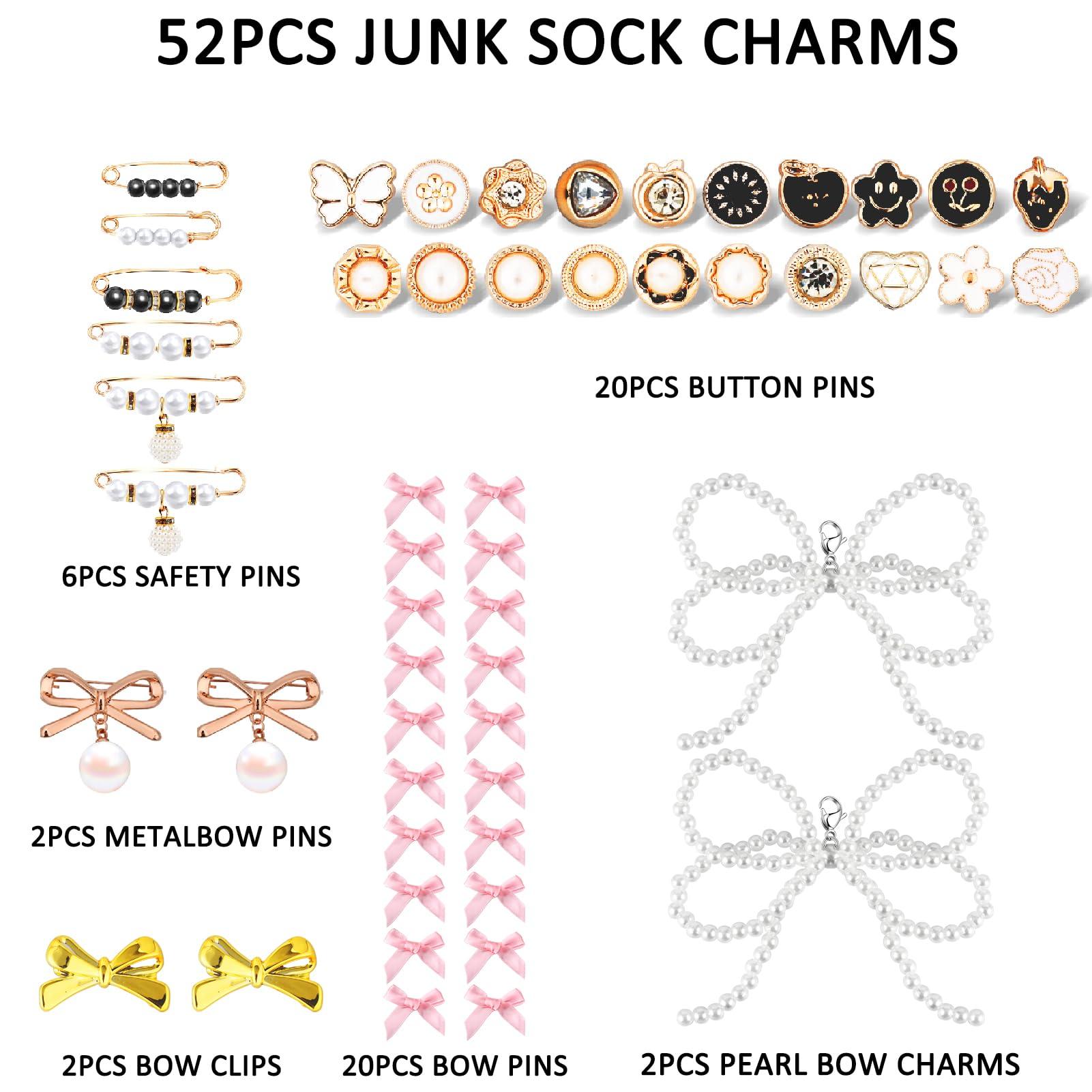 52Pcs Shoe Charms for Sneakers Bow Shoe Lace Charms Junk Sock Jewelry Kit for Women DIY Accessories Rhinestone Brooch Buttons Pearl Flower Clips Safety Pin Gold for Sneaker Hat Clothes Decoration - Image 3