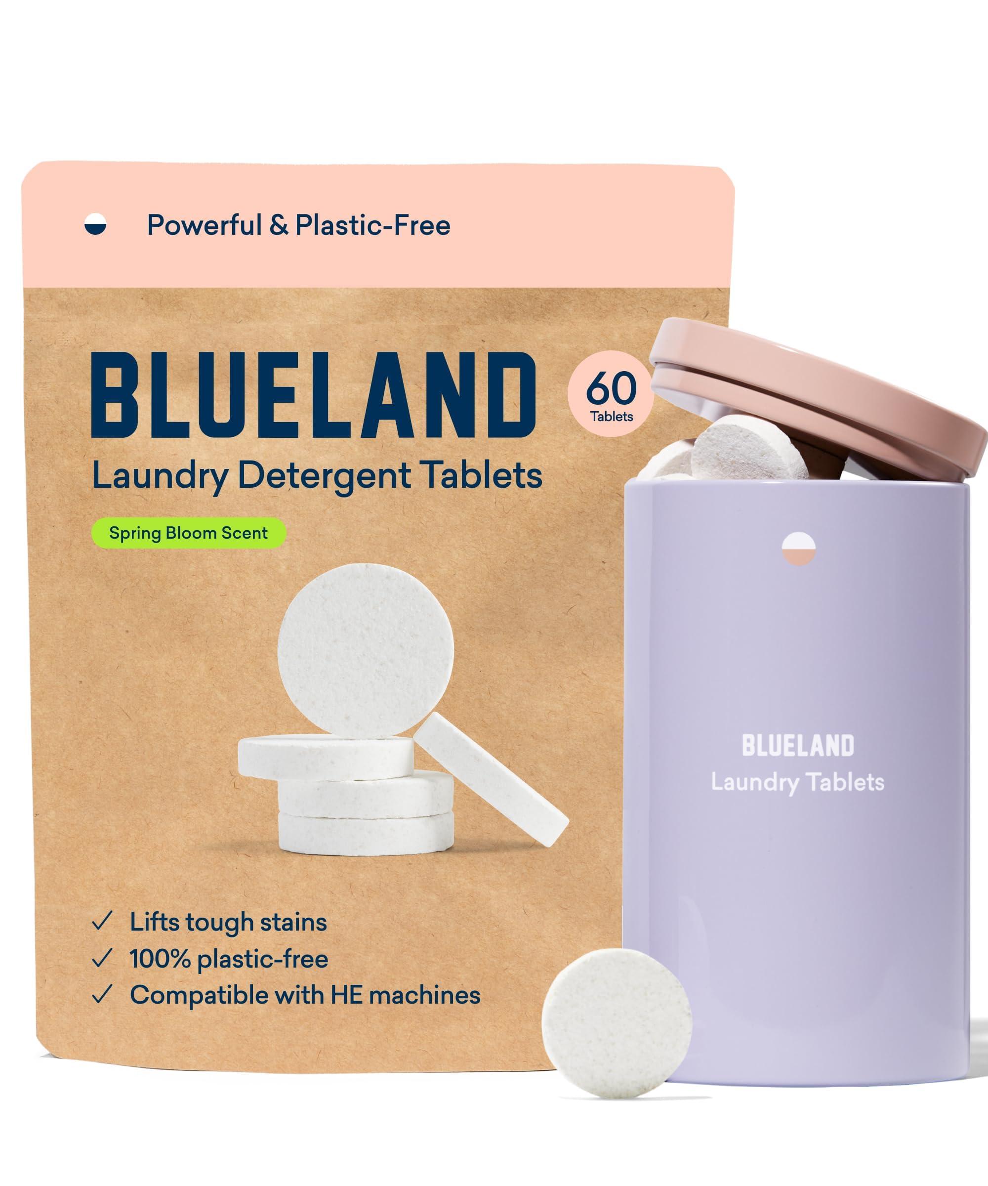 BLUELAND Laundry Detergent Tablets, Starter Set, 60 Count with Tin, Spring Bloom Scent, Plastic-Free Eco-Friendly Pods, Sheets, Liquid Alternative - Natural, Gentle, Non Toxic