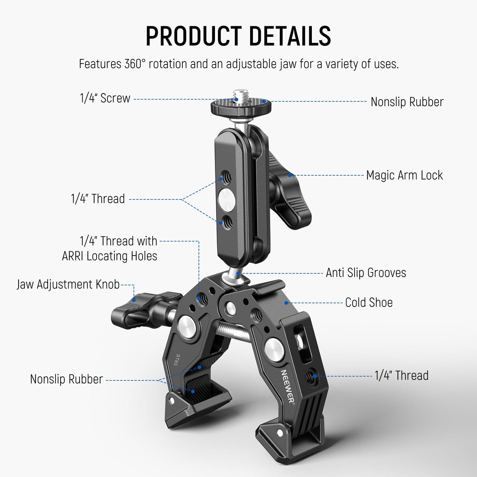 NEEWER Super Clamp with 3" Dual Ballhead Magic Arm, Cold Shoe, 1/4" Threads, Phone/Action Camera Mount Adapter for Desk Tripod Tube Crossbar Gimbal Rods Compatible with SmallRig GoPro DJI, ST83 - Image 2