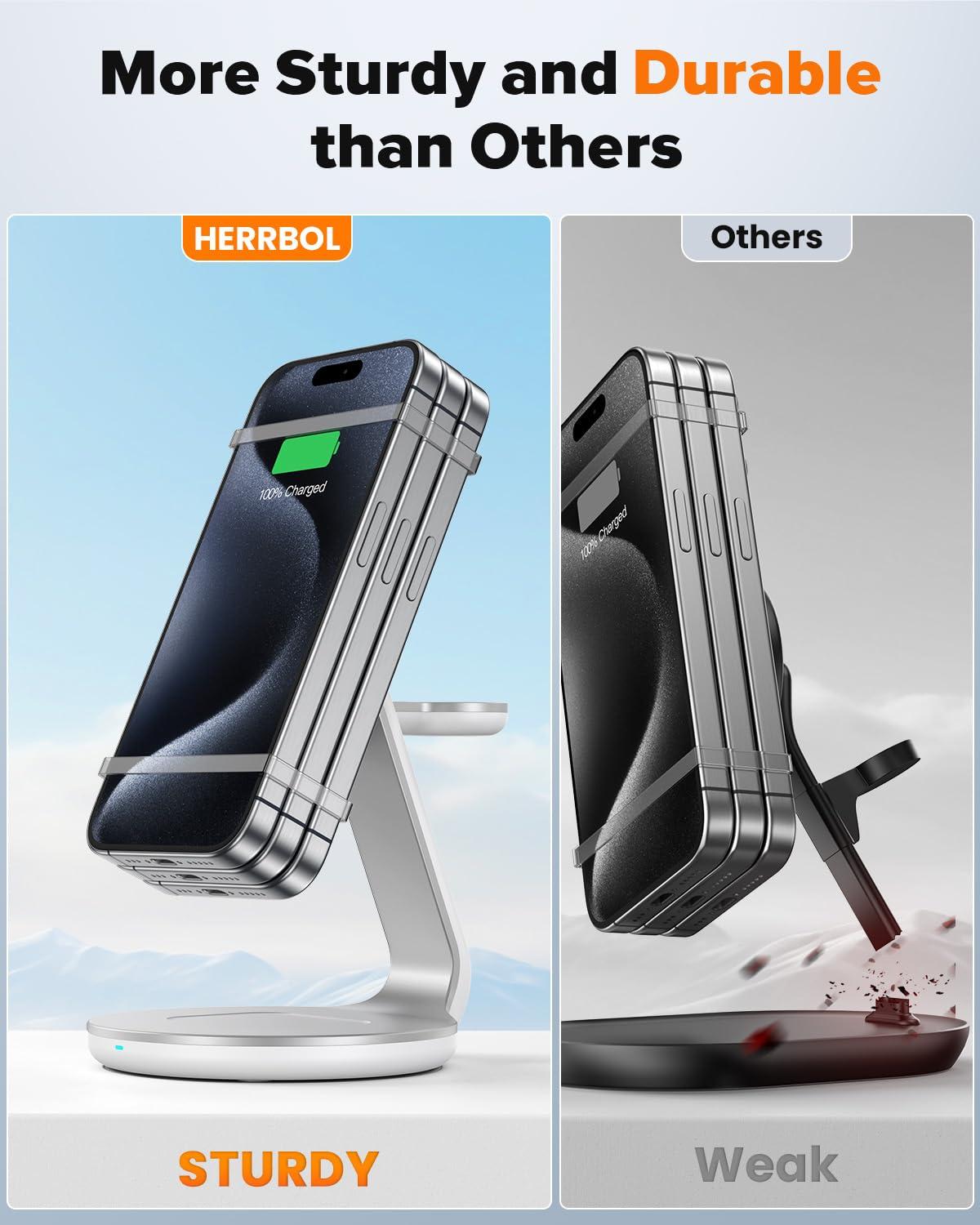HERRBOL 3 in 1 Charging Station Compatible with Magsafe Charger Wireless Charger Stand for iPhone 16 15 14 13 12 Series Wireless Charging Station for AirPods Wireless Charging Stand for iWatch Series - Image 3