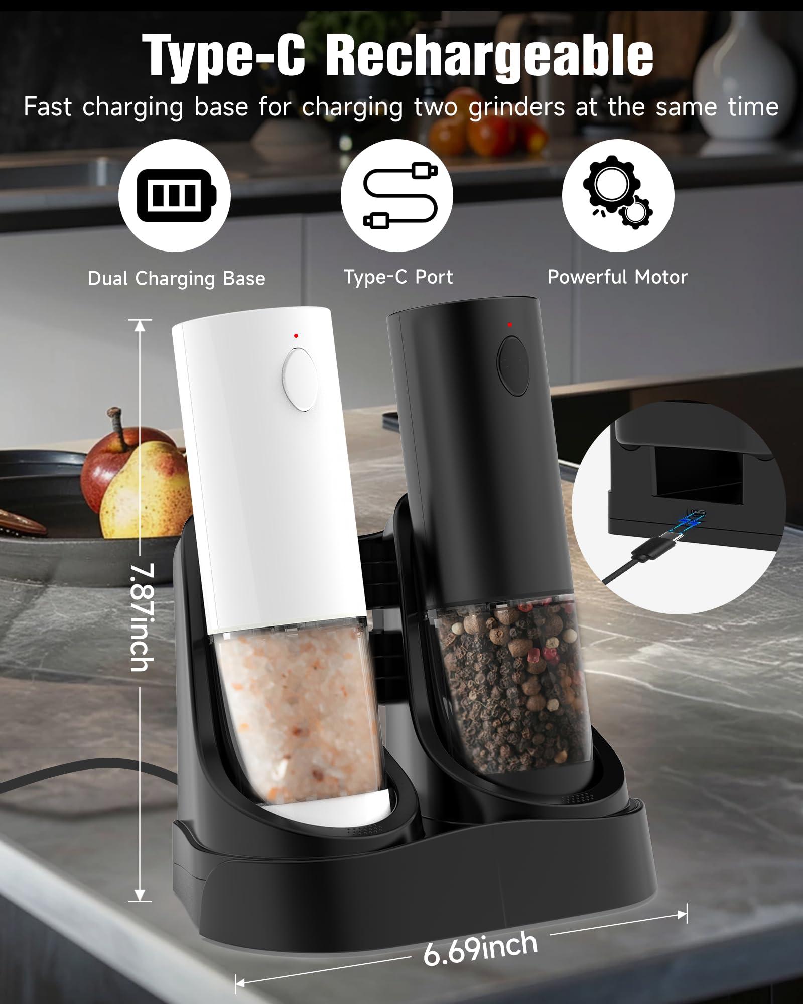 Rechargeable Salt and Pepper Grinder Set, Upgraded Larger Capacity Electric Salt and Pepper Grinder Set with USB Charging Base & White LED Light, 5-Level Adjustable, One-handed Operation, 2 pack - Image 2