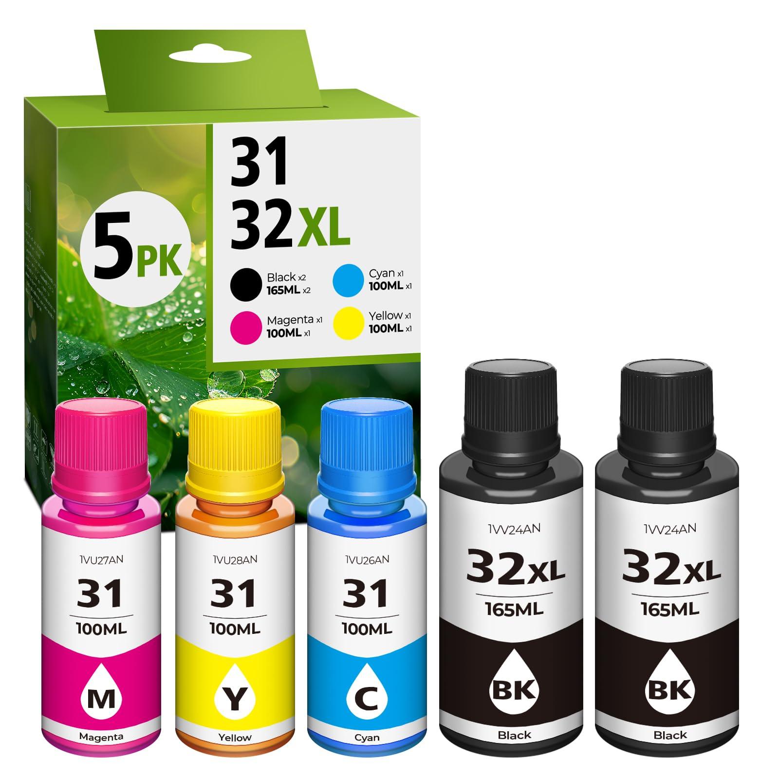 31 32XL Ink Bottle Set, Smart Tank 7602 5101 6001 651 Ink Refill Compatible with HP 31 Ink 32XL Black Ink Bottle Set for Smart Tank 5101 7602 5000 651 5103 6001 7301 7001 7302 5102 7002 7006 Printers
