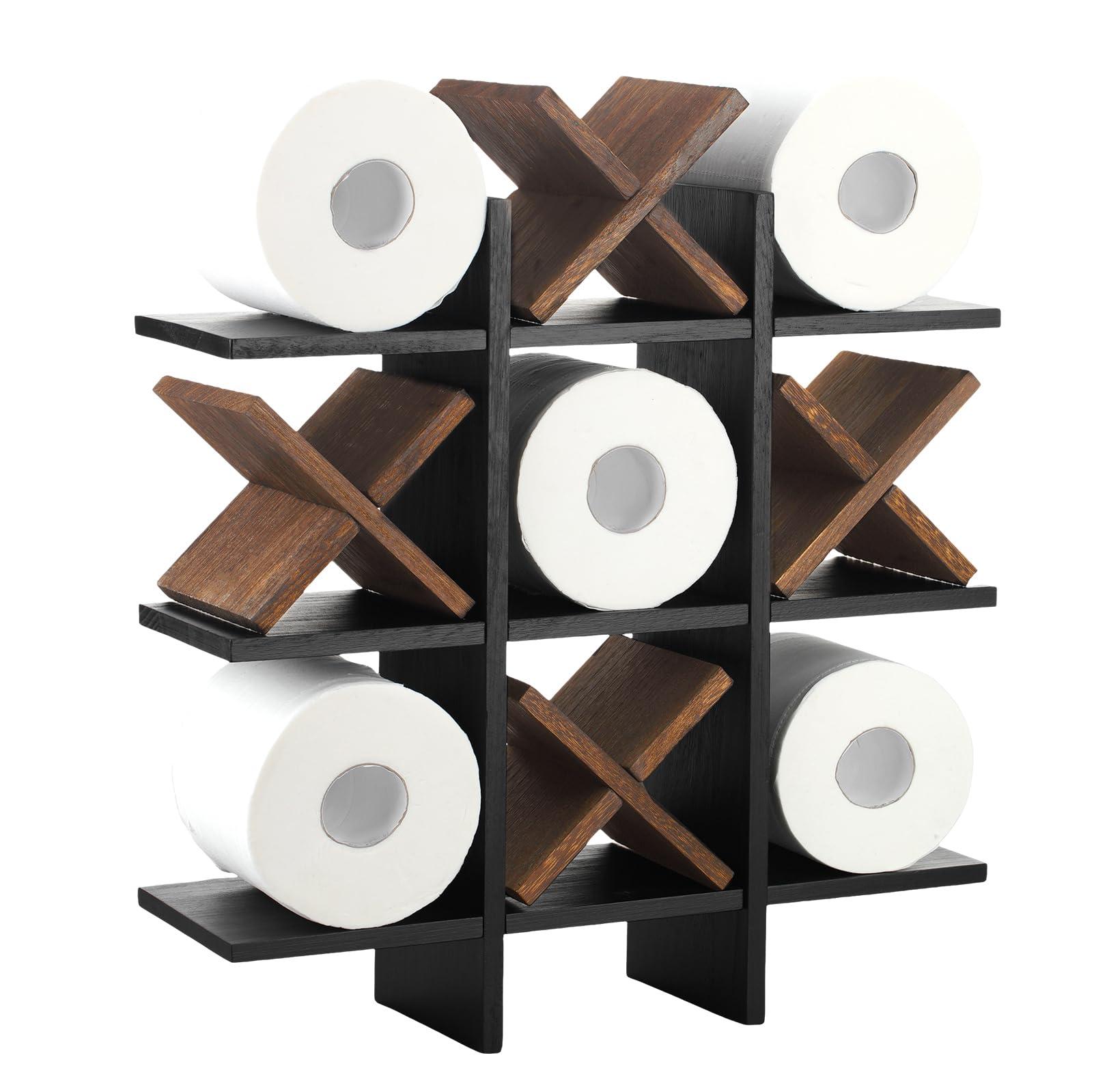 Weysat Tic Tac Toe Toilet Paper Holder Stand Bathroom Wall Decor Rustic Wooden Hanging Storage Freestanding Wall Mounted Shelves Decor for Toilet Tissue Farmhouse - Image 6