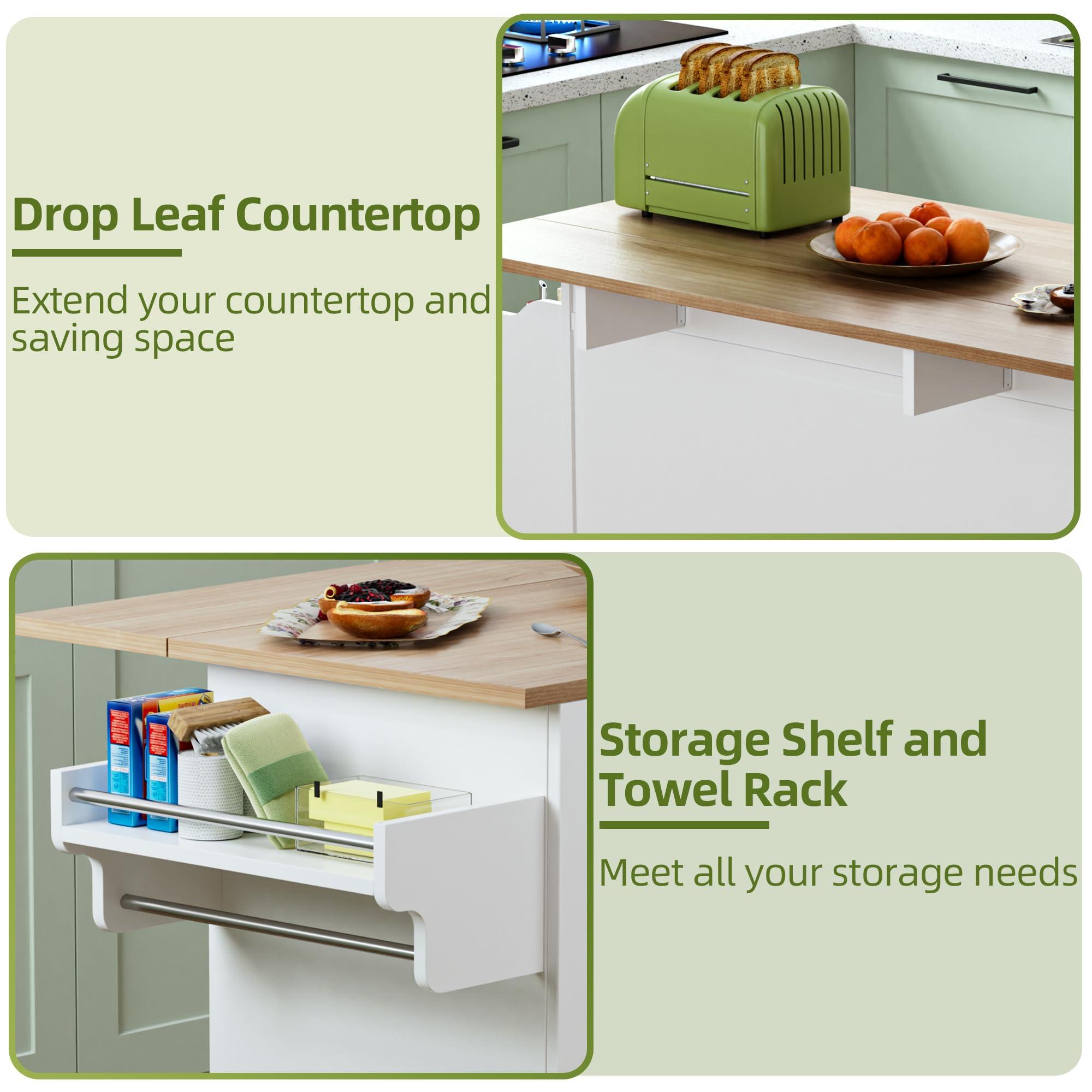 VALONDINO Kitchen Island On Wheels, Rolling Kitchen Island Cart with Drop Leaf, Storage Cabinet with 3 Drawers and Inner Adjustable Shelves, Towel Rack Spice Cart White - Image 6