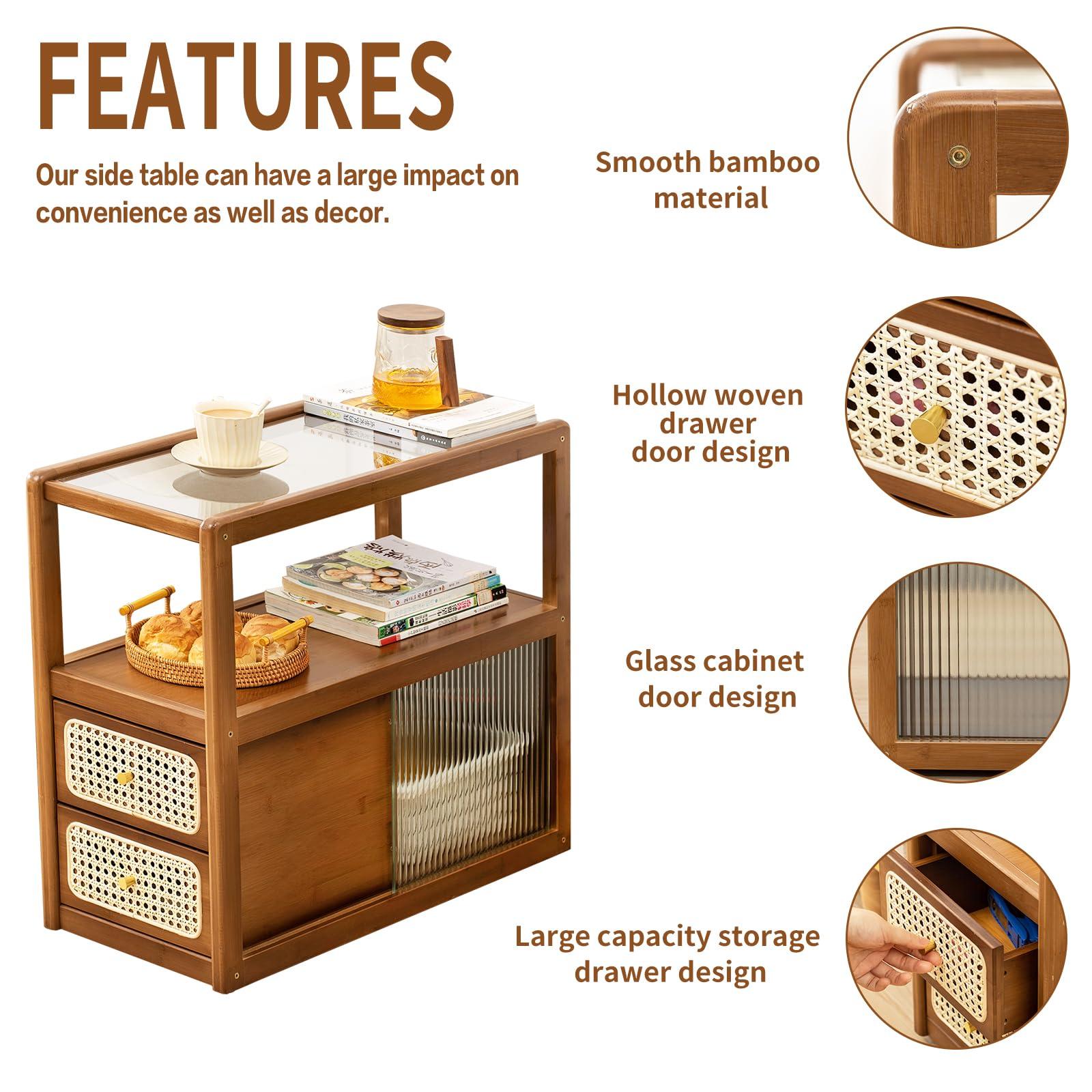 Tiita Rattan Nightstand Side Table, Bamboo Accent Bedside Tables, Glass Coffee Tables, Boho Wooden End Table with Storage for Small Space, Living Room and Bedroom - Image 3