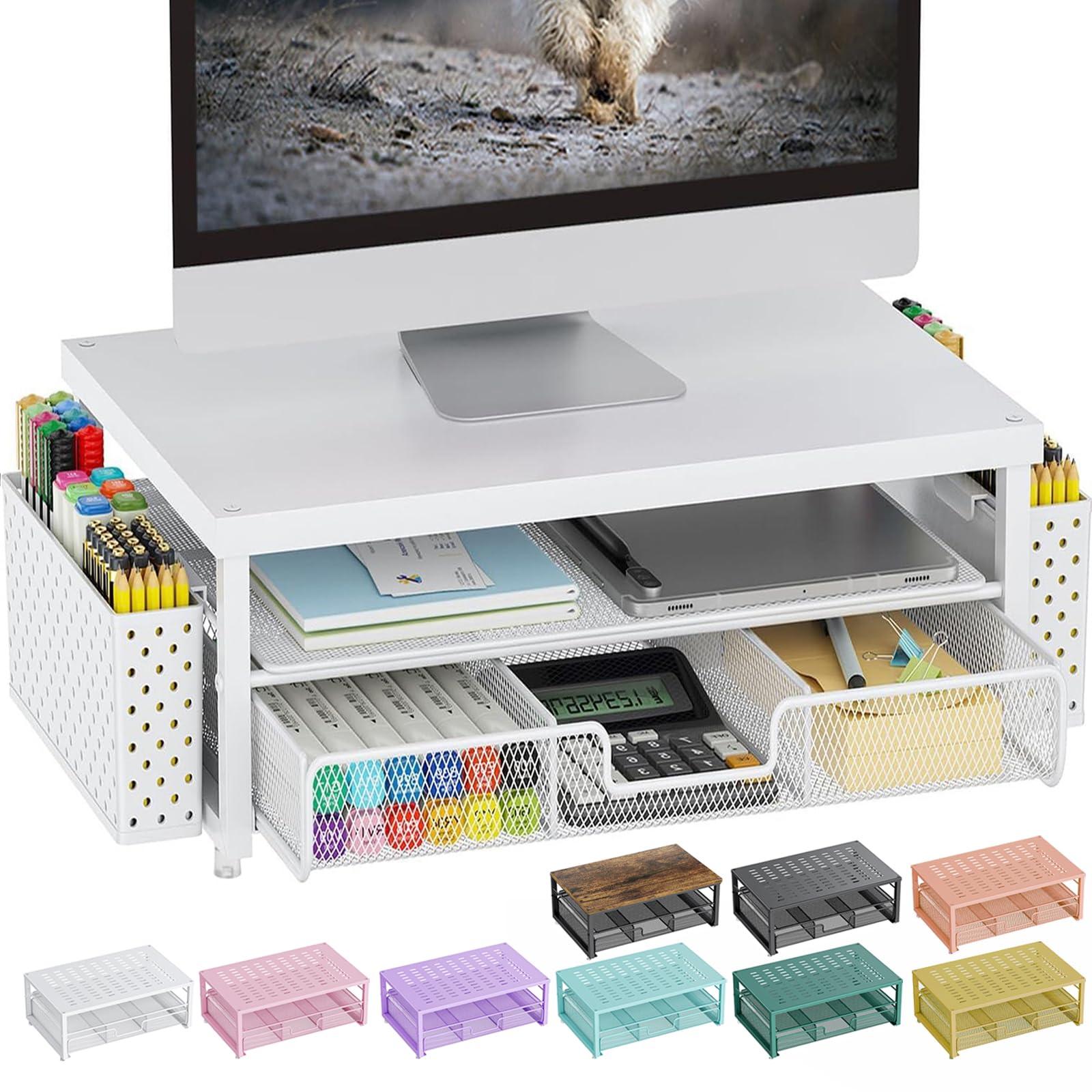 gianotter Wood Monitor Stand Riser, Office Desk Shelf Organizer, Desk Organizer with Drawer and Pen Holder, 2-Tier Computer Stand, Office Organization (Matte White)