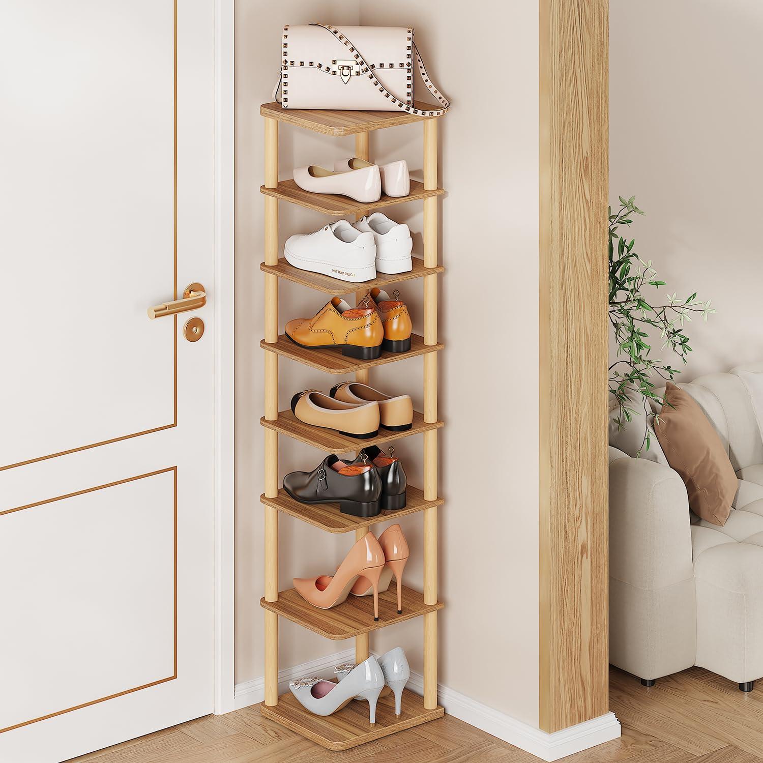 LUCKNOCK Vertical Shoe Rack, 8-Tier Tall Narrow Shoe Organizer for Entryway, Closet, Dorm & Small Spaces, Freestanding Wooden Shoe Shelf Tower for Boots, Sneakers, Heels. (Walnut)