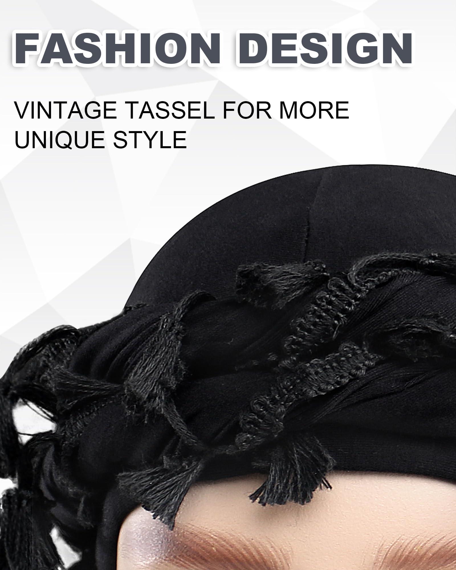 Babalet Halo Turban for Men Women Satin Lined Durag Head Wraps Skull Cap Pre-Tied Tassels Braid Beanie Vintage Twist Bonnet - Image 4