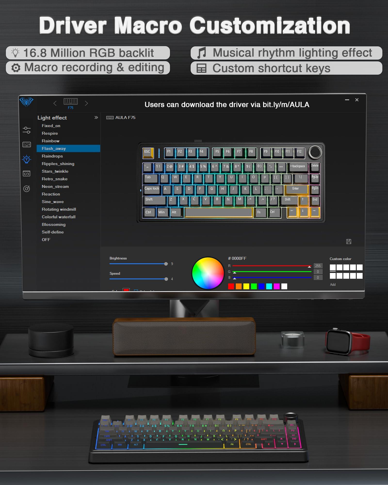 AULA F75 Pro Wireless Mechanical Keyboard,75% Hot Swappable Custom Keyboard with Knob,RGB Backlit,Pre-lubed Reaper Switches,Side Printed PBT Keycaps,2.4GHz/USB-C/BT5.0 Mechanical Gaming Keyboards - Image 8
