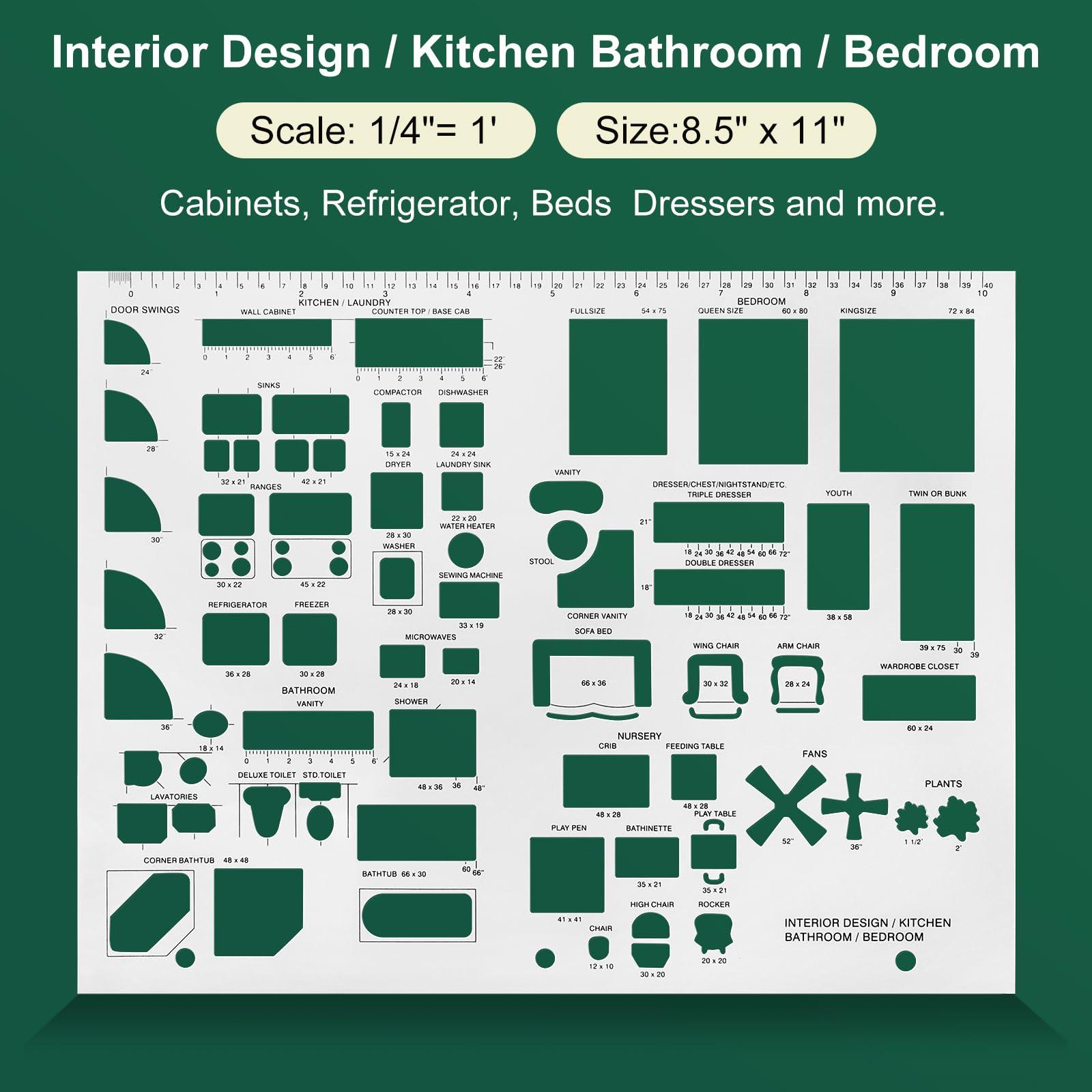 ENJOYLink 3 Pcs Interior Design Drawing Templates Including a House Floor Plan Template, a Furniture Template and an Interior Design/Kitchen/Bedroom Reusable Stencils for Drawing & Drawing Tools - Image 2