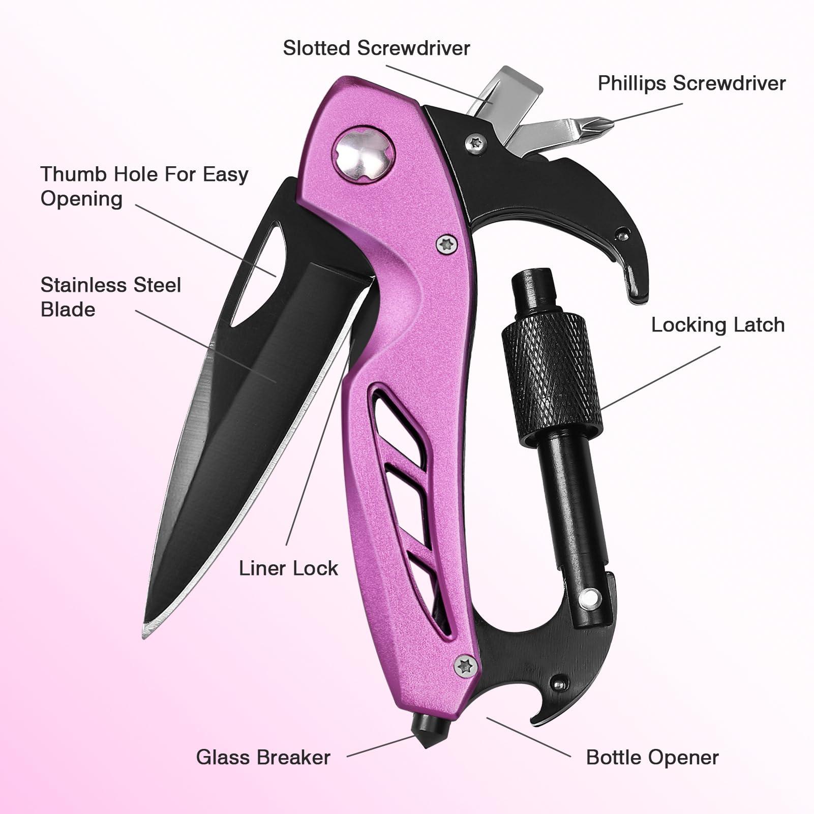 FUNBRO Pink Multitool Carabiner Knife Gifts for Mom Women Wife, 6-in-1 Keychain Multi Tools with Window Breaker, Bottle Opener and Screwdriver, EDC Gear Gadget for Camping Hiking - Image 5