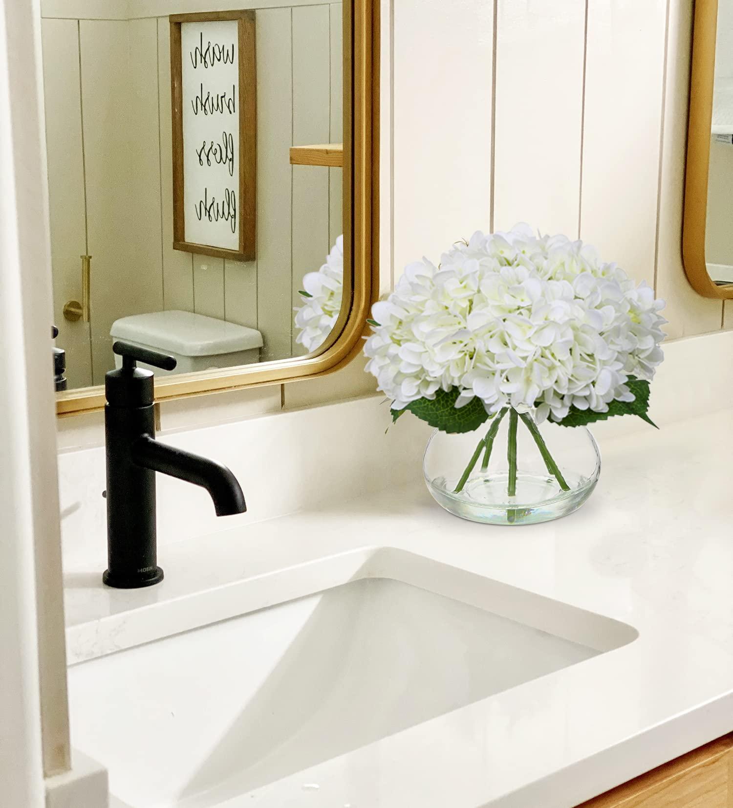 Hollyone Hydrangea Artificial Flowers with Vase White Silk Fake Flowers Arrangements in Glass Vase with Faux Water for Home Bathroom Office Table Centerpiece Shelf Decorations - Image 2