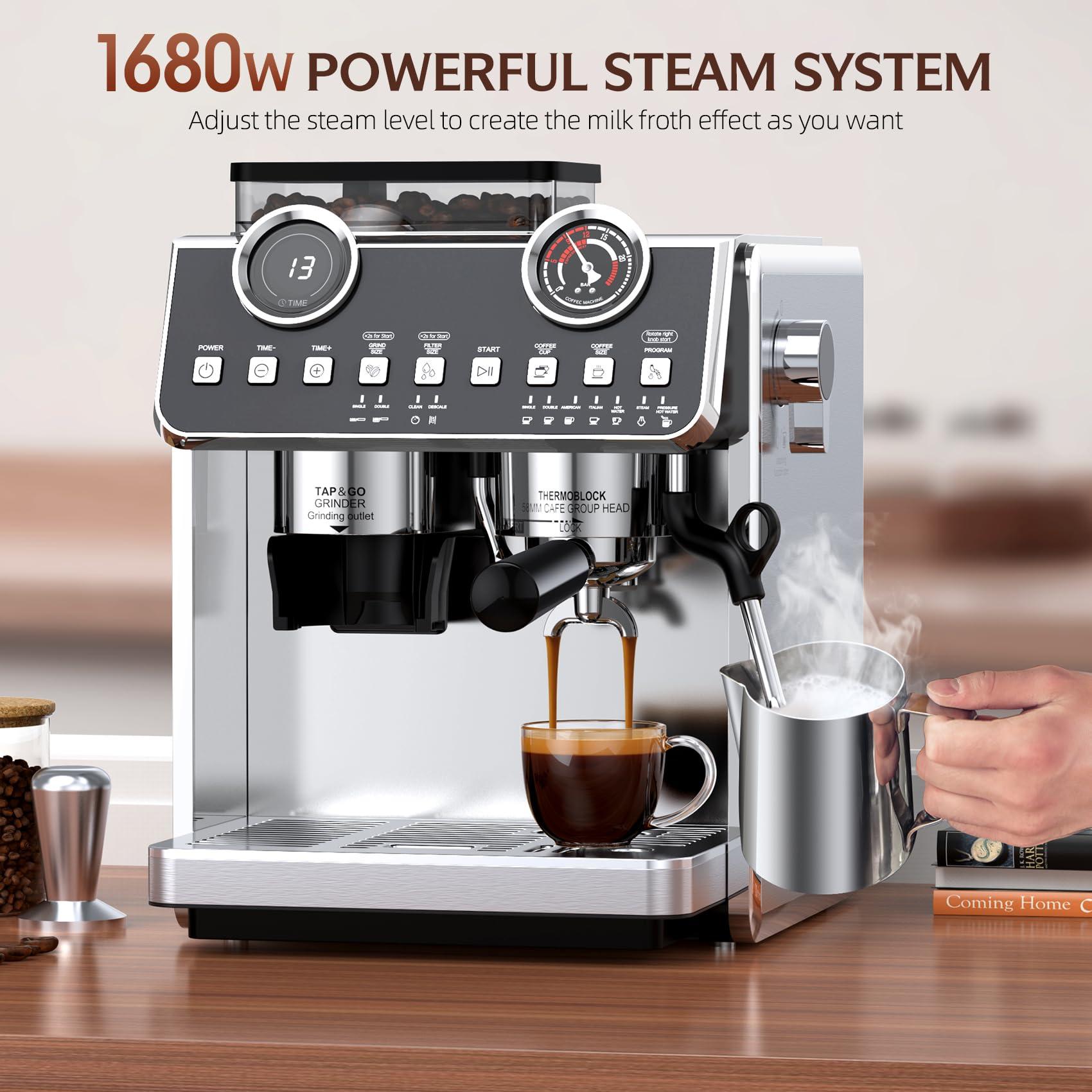 QJA Espresso Machine with Grinder, 20 Bar Pressure Professional Espresso Maker with 30 Grinding Settings, 58mm Portafilte, Anti-scalding Milk Frother Steam Wand for Latte Cappuccino (Stainless Steel) - Image 5