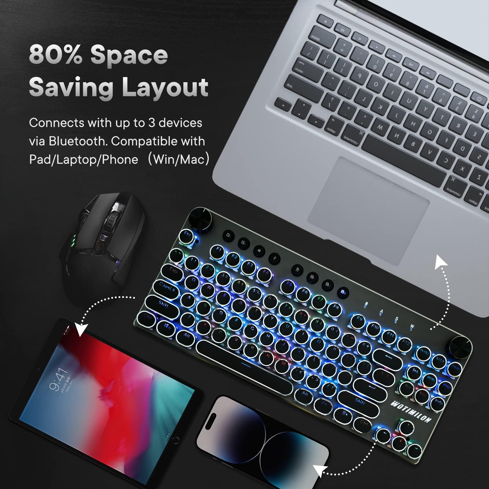WOTIMILON Wireless Typewriter Keyboard Mechanical TKL, 2.4G/BT5.0/Wired WM87 Retro Vintage Gaming Keyboard Typewriter Style with Punk Round Keycaps True RGB Backlit, 2 Control Knobs, Clicky Switch - Image 5