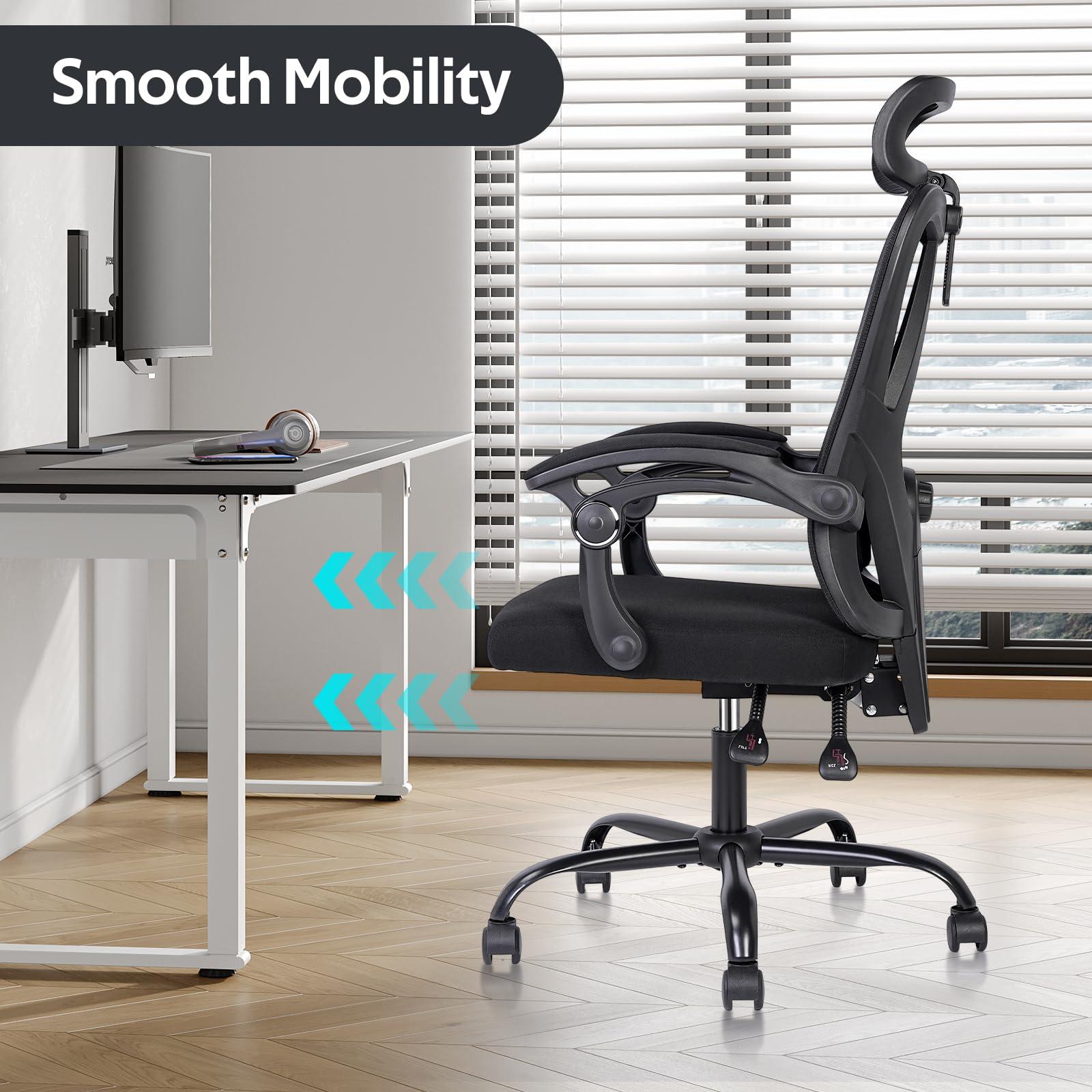 Ergonomic Office Chair - High-Back Home Office Chair with Headrest, Adjustable Arms, 90-135° Tilt Mechanism, Wide Seat Cushion, Large Size Mesh Chairs for Men and Women, Black Task Chair - Image 6