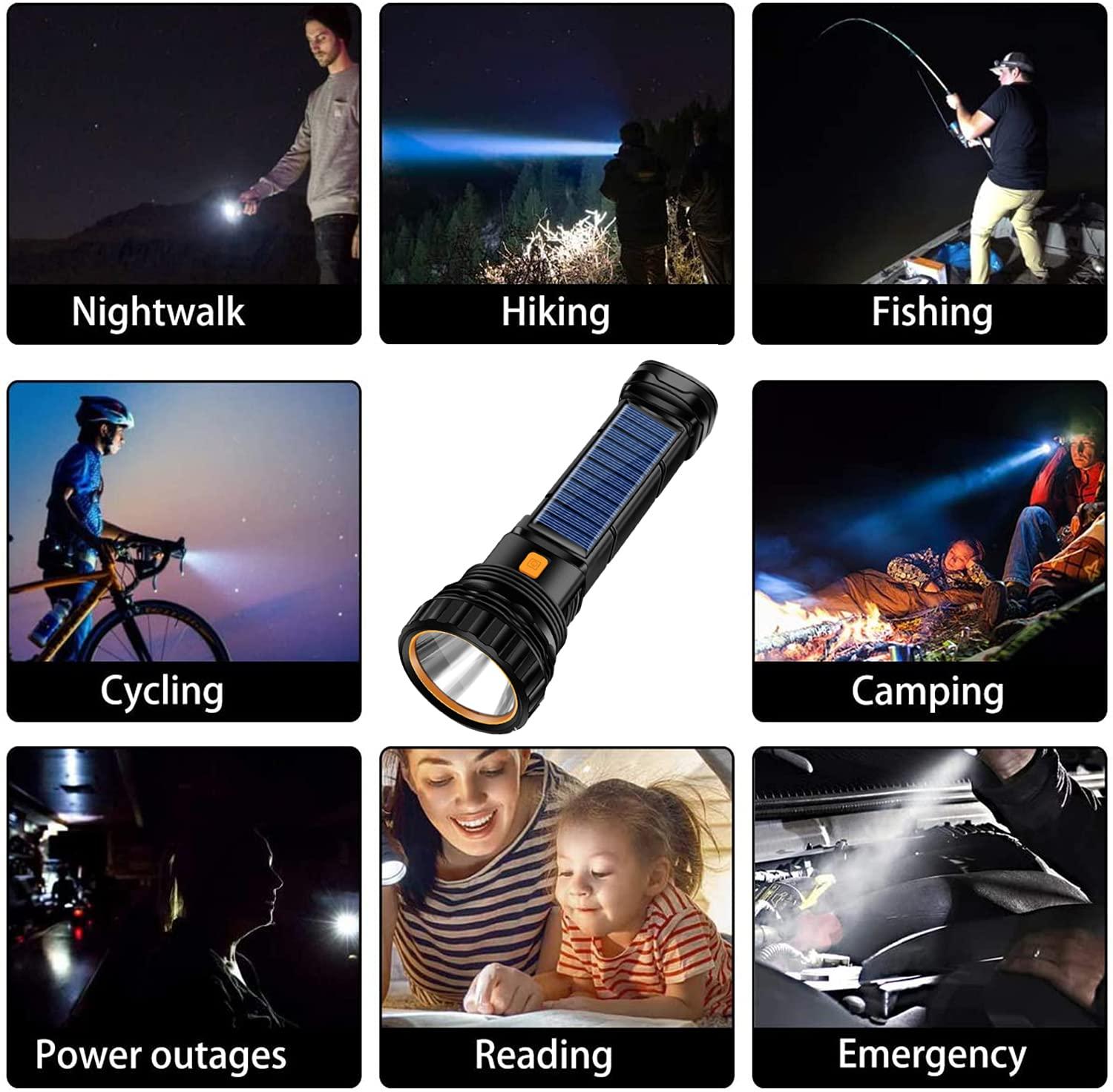 E-SHIDAI Solar/Rechargeable Multi Function 1000 Lumens LED Flashlight, with Emergency Strobe Light and 1200 Mah Battery, Emergency Power Supply and USB Charging Cable, Fast Charging (1PC) - Image 6