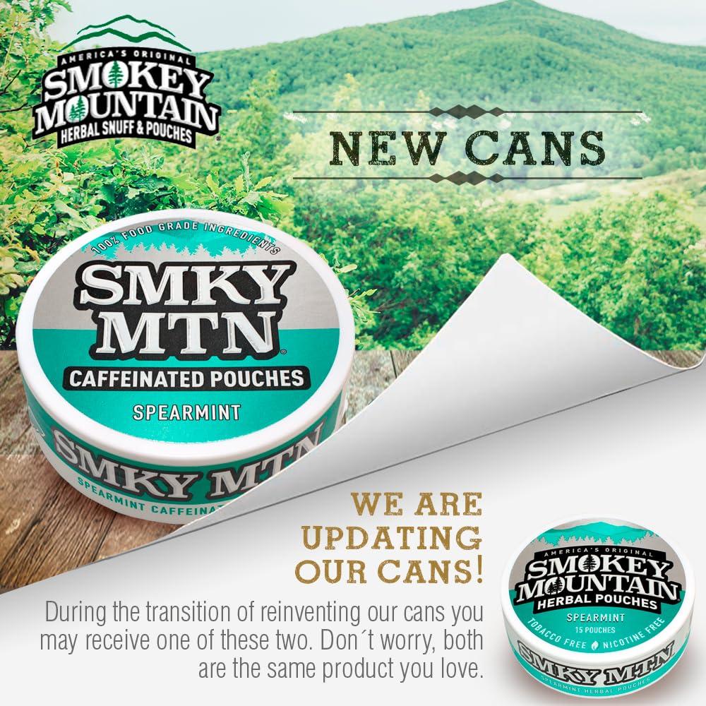 Smokey Mountain Caffeinated Pouches - Spearmint - Tobacco Free and Nicotine Free - 5 Can Box - 15 Pouches Per Can - Image 2