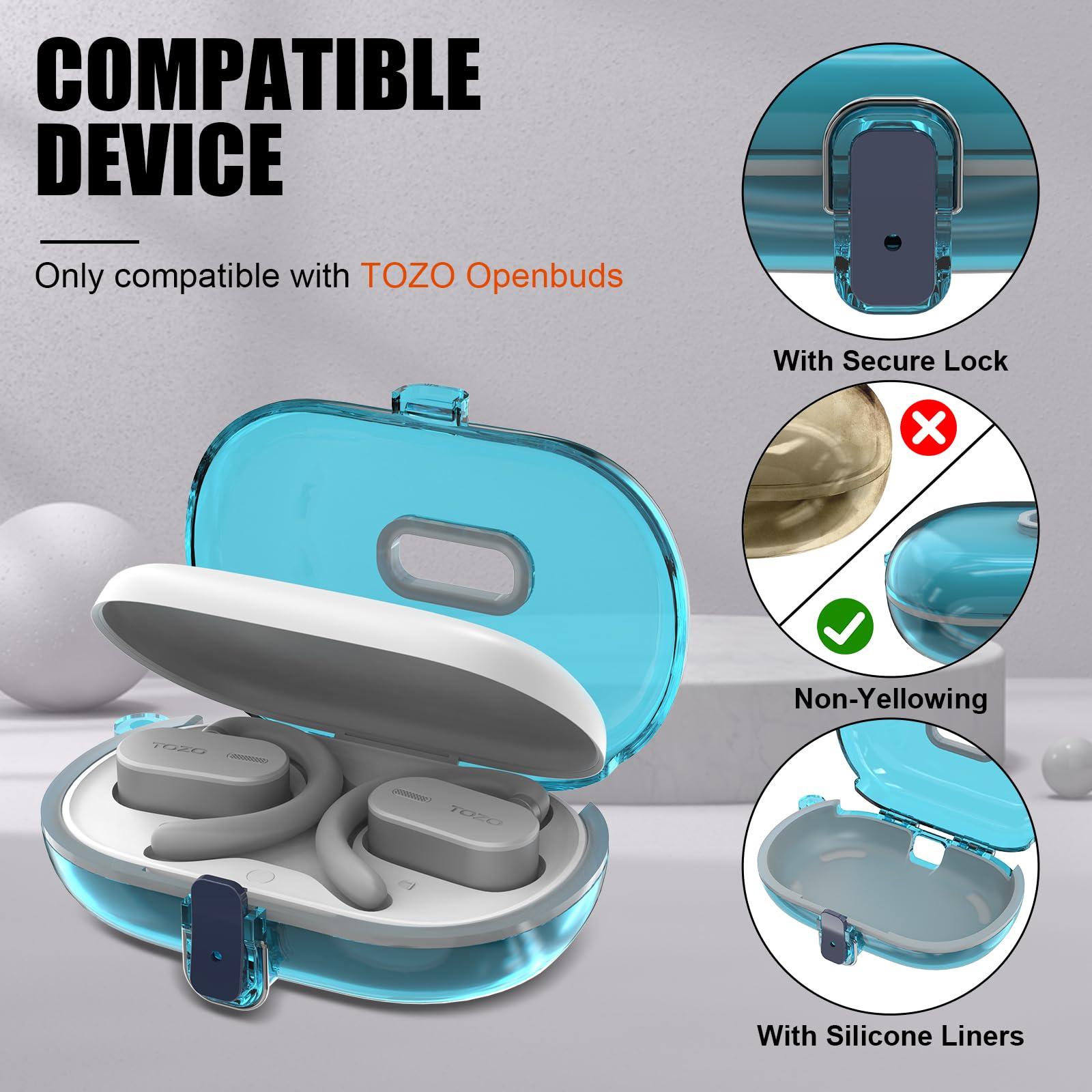 [Safety Lock] Clear Case for TOZO OpenBuds Case Cover for TOZO Open Buds Wireless Earbuds Silicone Liners Shockproof Protective cover for TOZO OpenBuds Bluetooth Headphones with Carabiner (Clear Blue) - Image 2