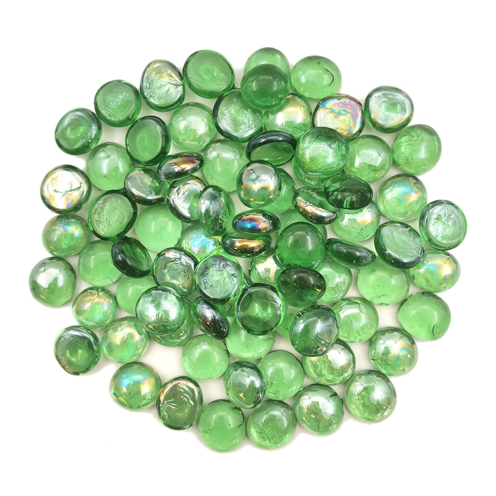 Flat Glass Marbles 1 Pound Vase Filler Fire Pit Glass Pebbles for Indoor Plants, Aquarium Fish Tank Decorations, Home Decor, Fire Pit, Landscaping, Arts Crafts (Green)