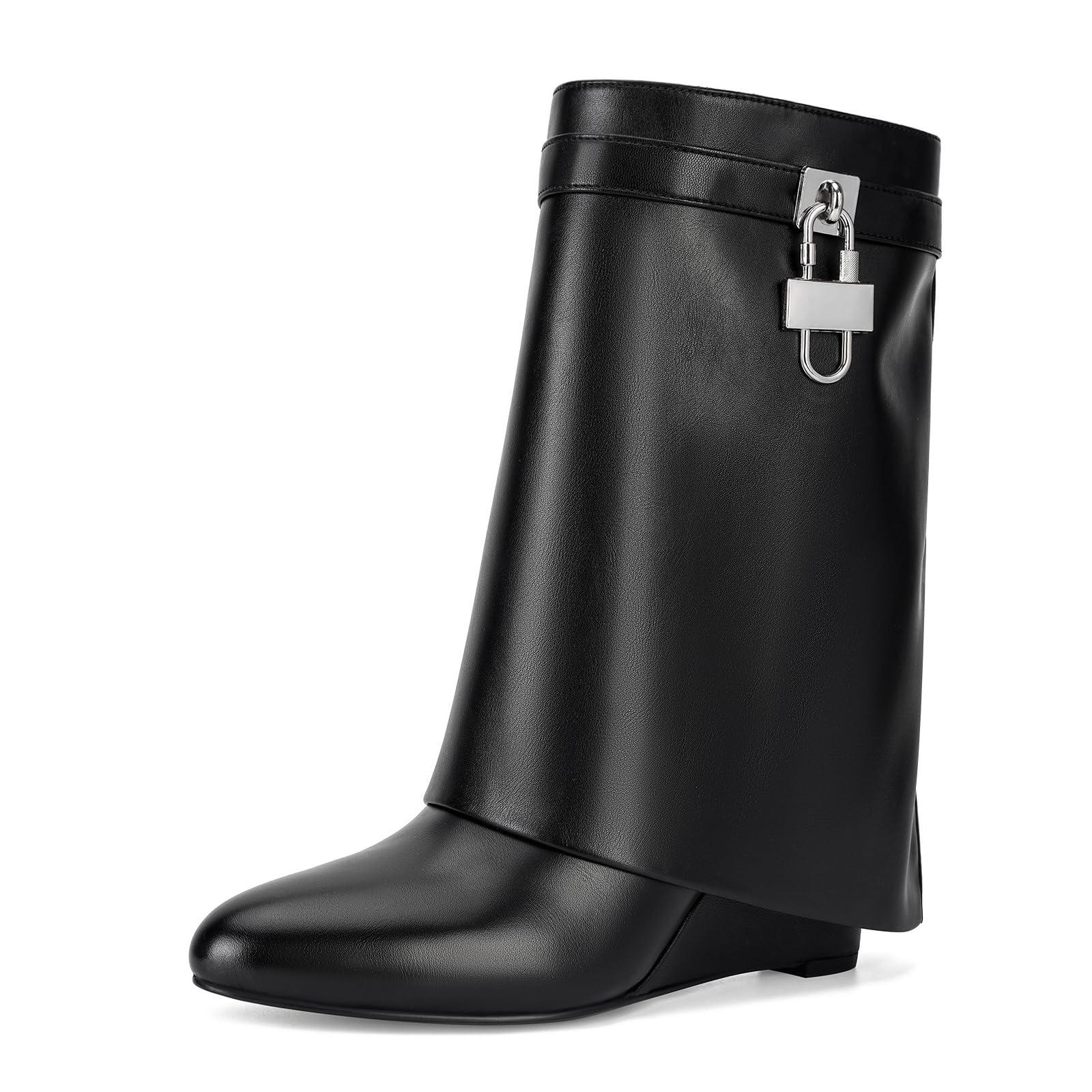 CORNMOOD Women Fold Over Wide Mid-calf Boots Platform Wedge Heel Round Toe Faux Leather Pull On Shark Booties with Padlock Short Boots
