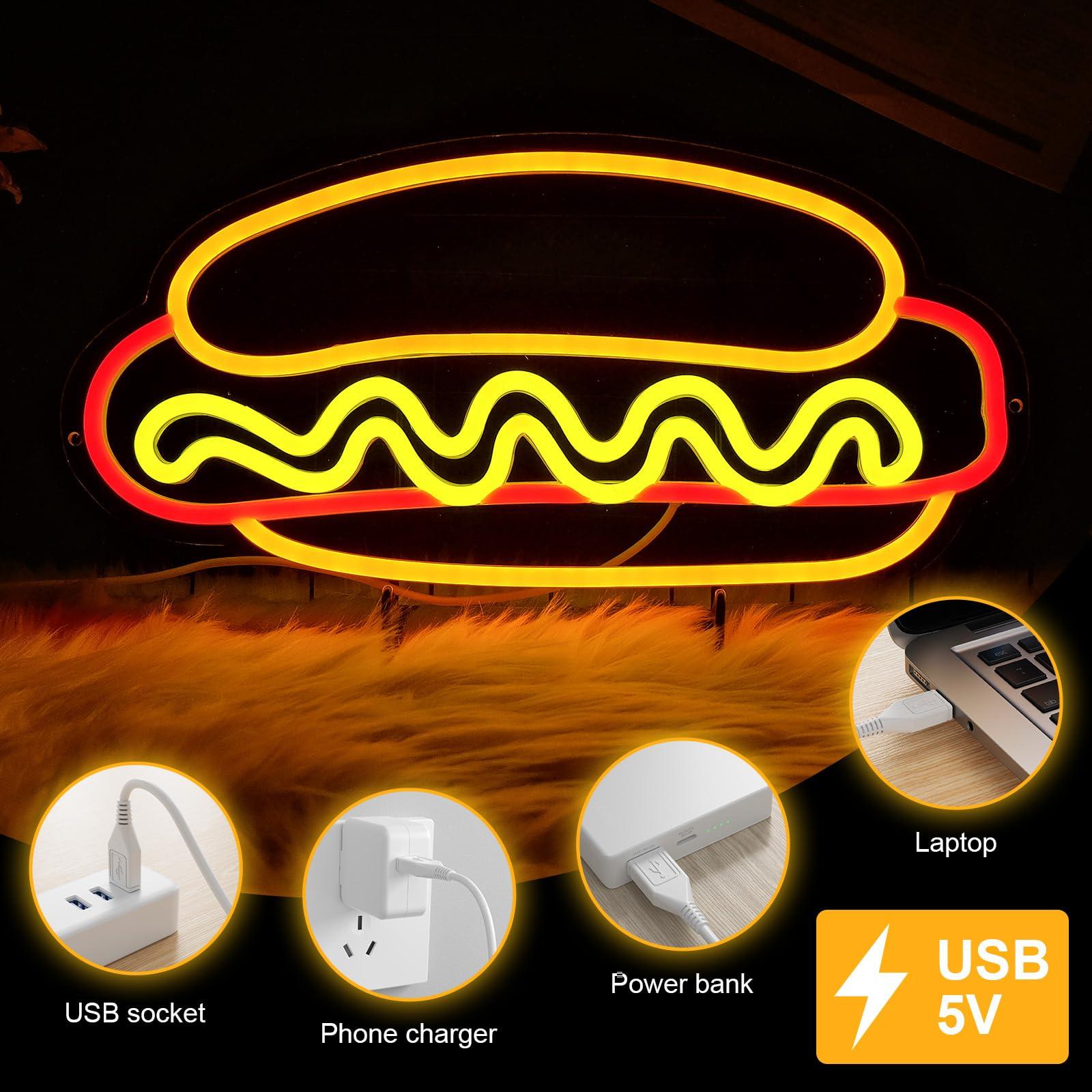 Hot Dogs Neon Sign for Wall Decor, Business LED Neon Light, Fast food Neon Light, hotdog Signs for Restaurant, Kitchen, Party, Hot Dog Lovers Food Decor, USB Powered, Size 12.5 * 11.4in - Image 4