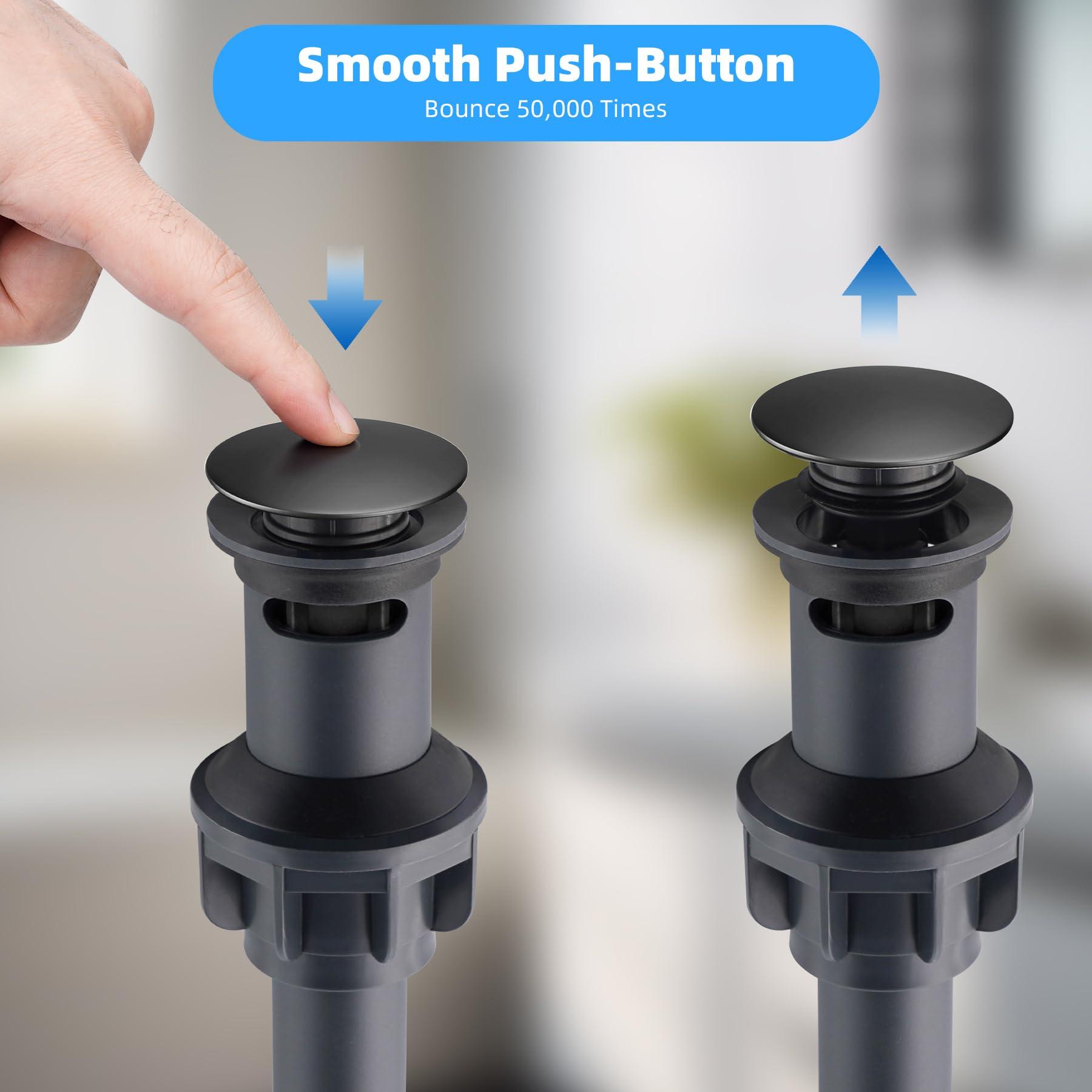 Hibbent 2 Pack Universal Bathroom Sink Drain Stopper, Pop Up Drain Strainer with Overflow, Push and Seal Sink Plug with Basket for Lavatory Vanity Vessel, Anti-Clogging Strainer, Matte Black - Image 2