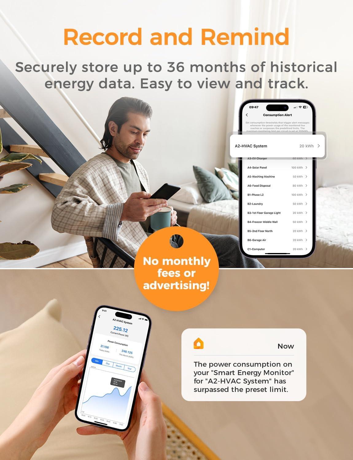 Smart Home Energy Monitor Supports Home Assistant, Real-Time Accurate Energy Consumption Tracking, Electricity Usage Monitor with 16x60A Circuit Sensors, 36-Month History, Solar Metering, 2.4G - Image 7