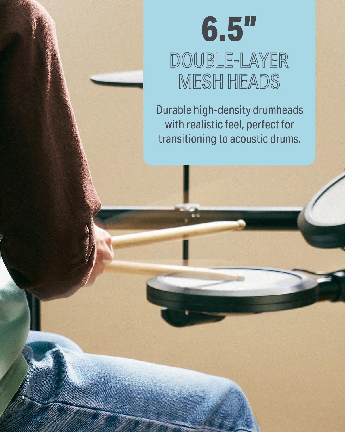 Donner Electric Drum Set, DED-70 Electronic Drum Kit for Beginner with 150 Sounds, 4 Quiet Mesh Pads, 9" Cymbals, USB MIDI, Type-C Charging, 2 Pedal, Throne, Headphones, Sticks, Melodics Lessons - Image 3