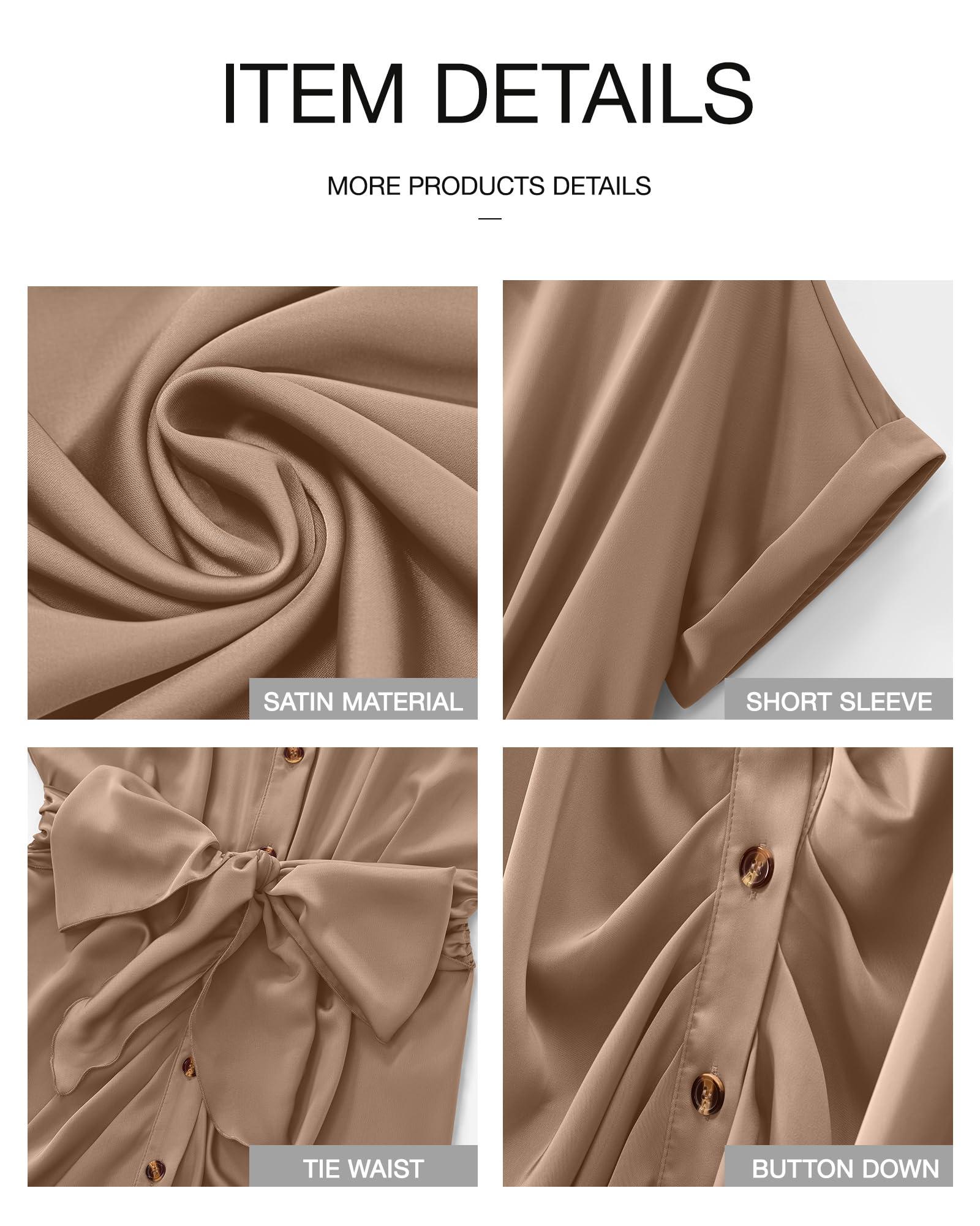 BTFBM Women Button Down Ruched Shirt Dresses Satin Short Sleeve Lapel V Neck Summer Maxi Dress 2025 Party Wedding Guest - Image 6