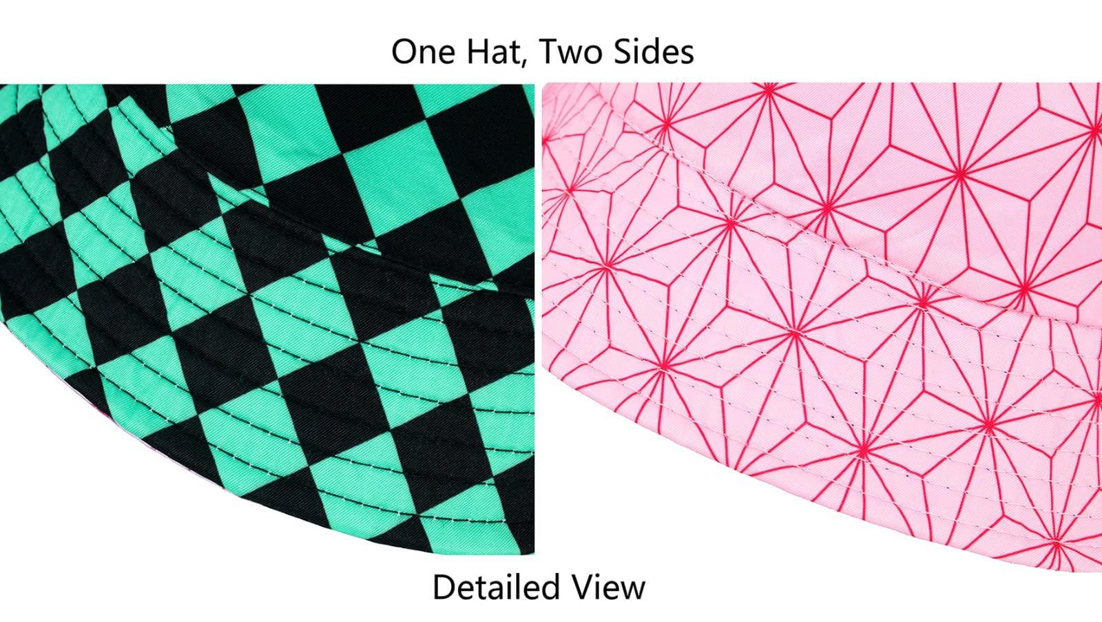 Roffatide Anime Bucket Hat Kamado Tanjirou Kamado Nezuko Bucket Hat All Over Print Bucket Hat Reversible Double Side Wear Fishing Hat Green/Pink - Image 6