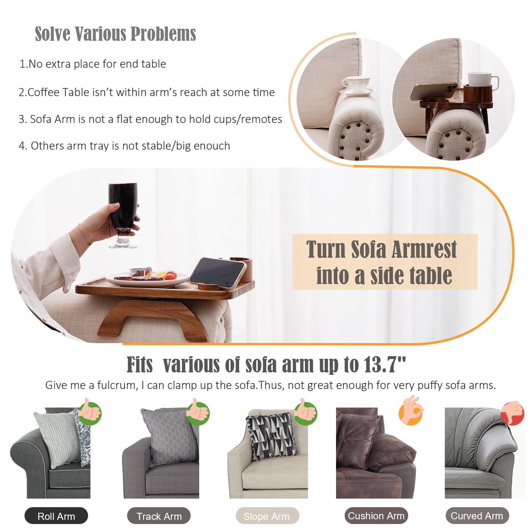 Nnewvante Couch Cup Holder Tray, 3 in 1 Large 15.36"x9.85" Acacia Wood Sofa Arm Clip on Tray Table with 360°Rotated Phone Holder on Armrest - Image 4