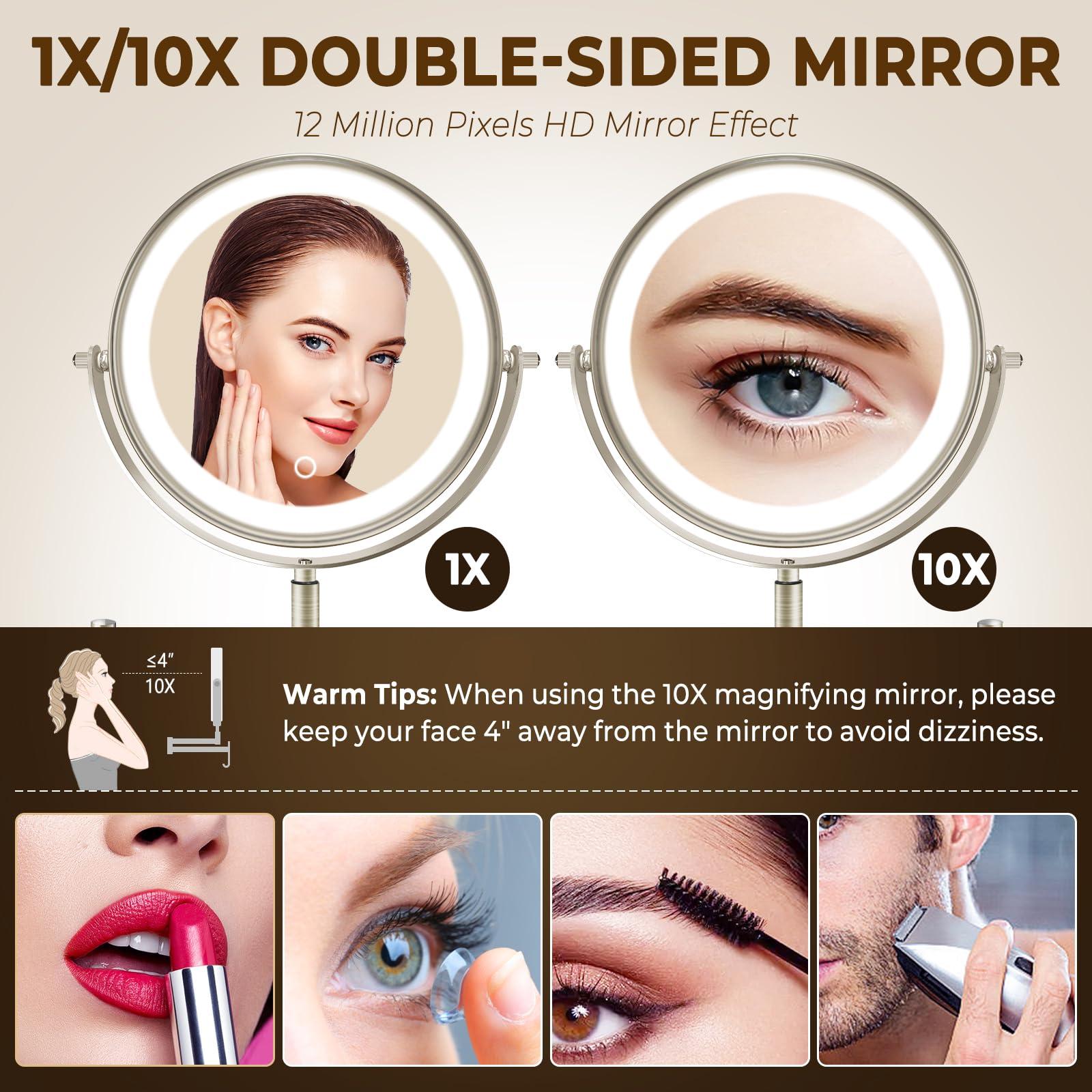 CONLWIN 8" Wall Mounted Lighted Makeup Mirror, 3000mAh Rechargeable Double Sided 1X/10X Magnifying Mirror with Hook, 3 Color Lights Touch Dimmable 360° Rotation Vanity Mirror for Bathroom - Image 6