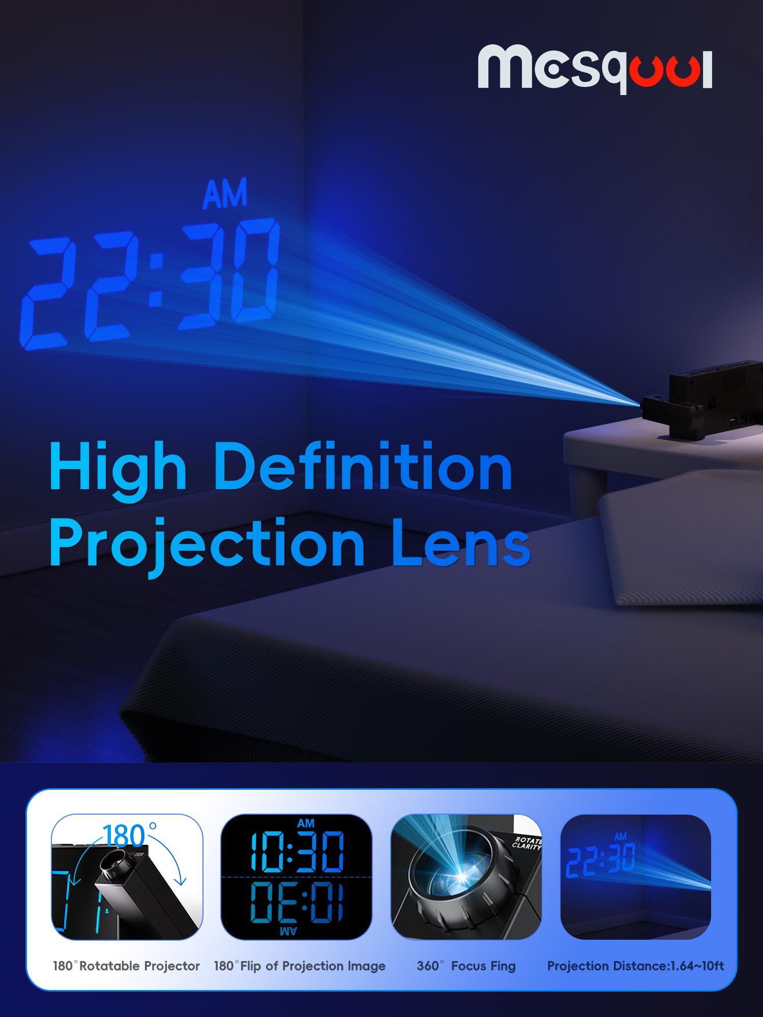 Digital Projection Alarm Clocks for Bedrooms - Large LED Display, 180° Rotatable Projector, 5-Level Dimmer,USB Charger,Battery Backup,Loud Dual Alarms for Kids Elderly,Heavy Sleepers,Snooze,12/24H,DST - Image 3